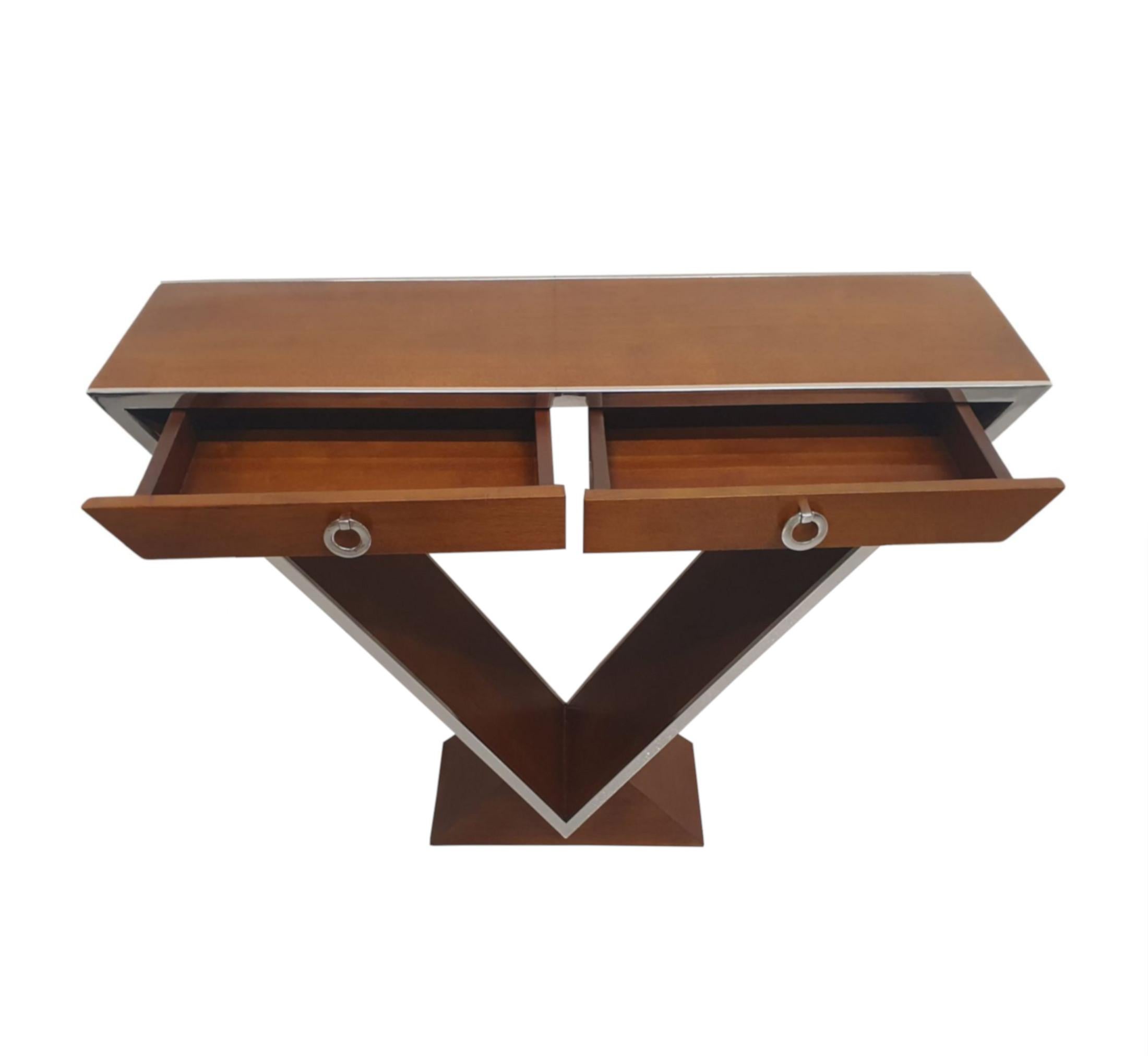 French A Fabulous Art Deco Design Cherrywood and Chrome Console or Side Table For Sale