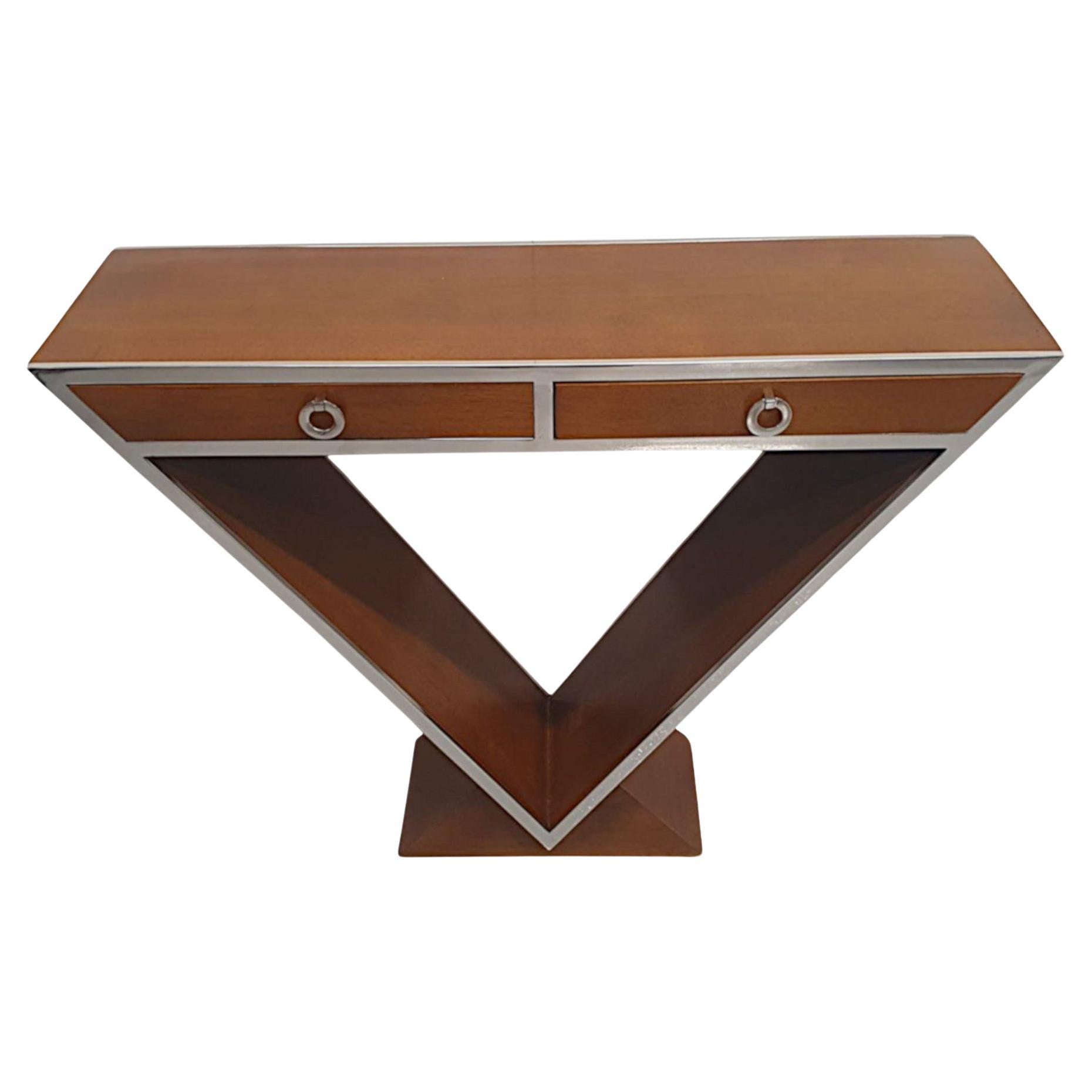 A Fabulous Art Deco Design Cherrywood and Chrome Console or Side Table