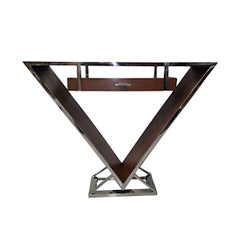 A Fabulous Art Deco Design Triangular Walnut and Chrome Console Table