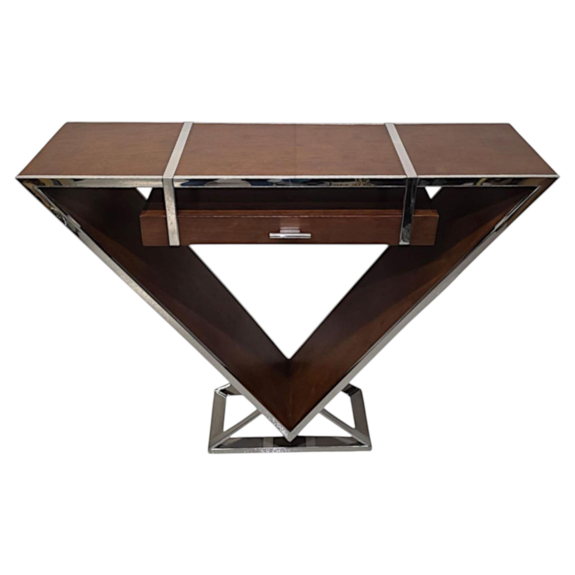 A Fabulous Art Deco Design Triangular Walnut and Chrome Console Table For Sale