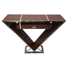 A Fabulous Art Deco Design Triangular Walnut and Chrome Console Table