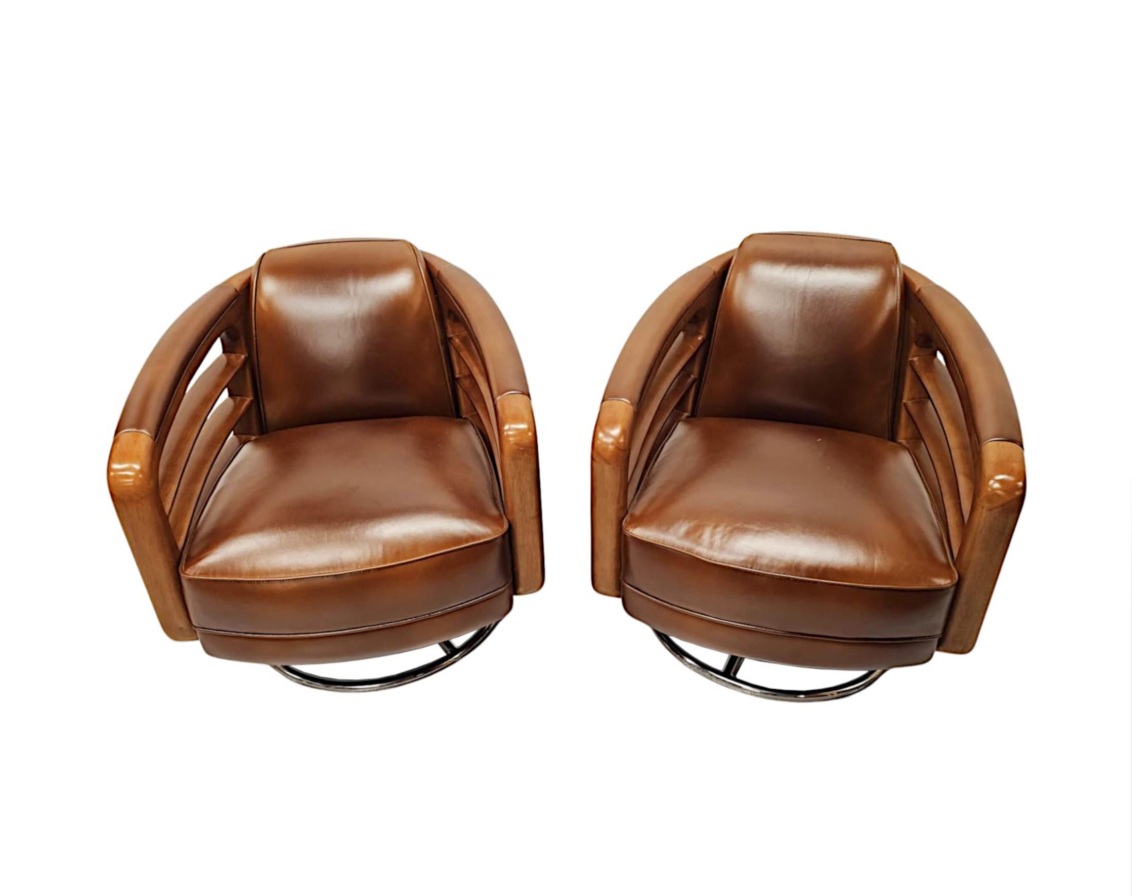 French A Fabulous Contemporary Hand Made Leather and Chrome Revolving Club Chair For Sale