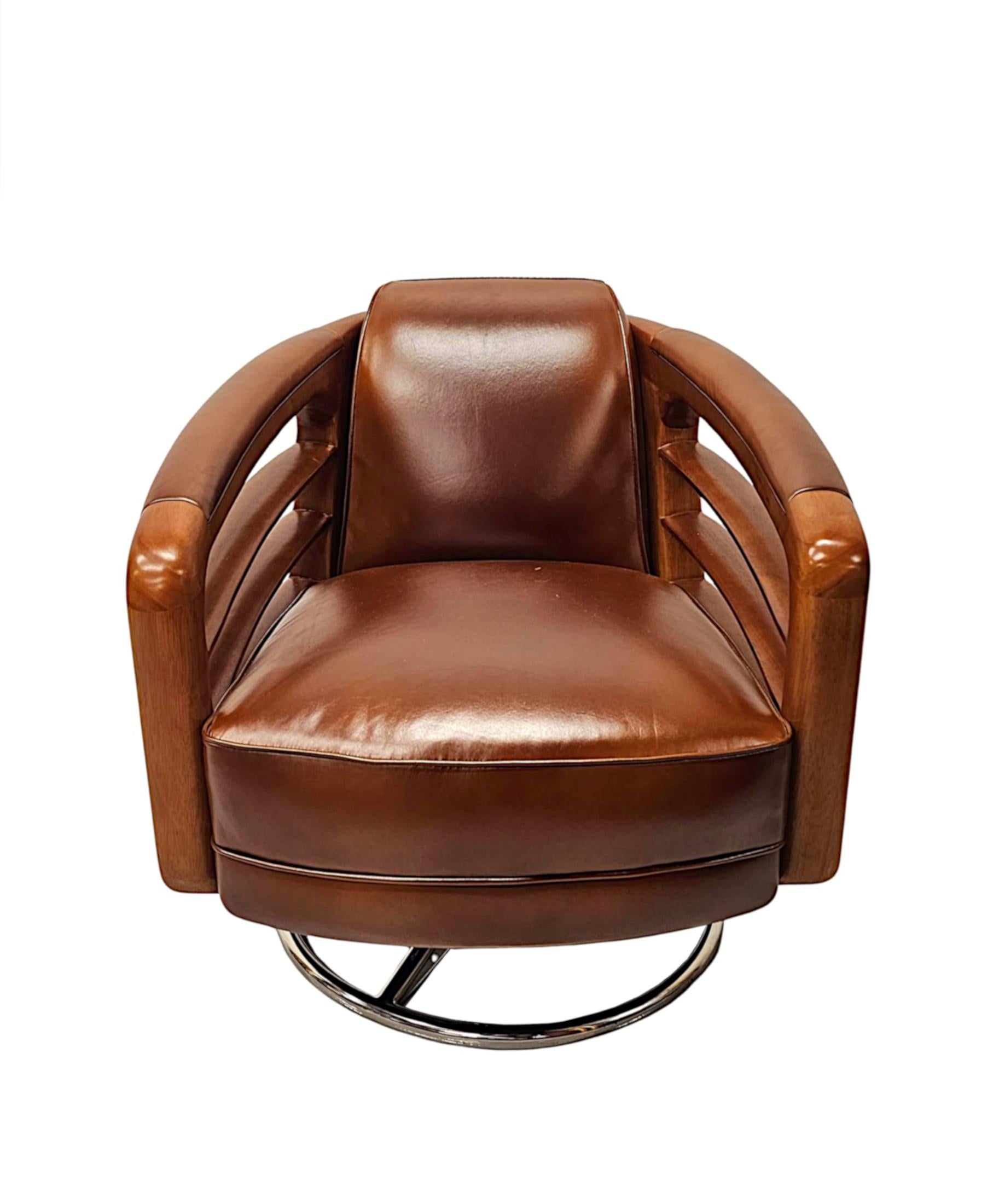 A Fabulous Contemporary Hand Made Leather and Chrome Revolving Club Chair For Sale 1