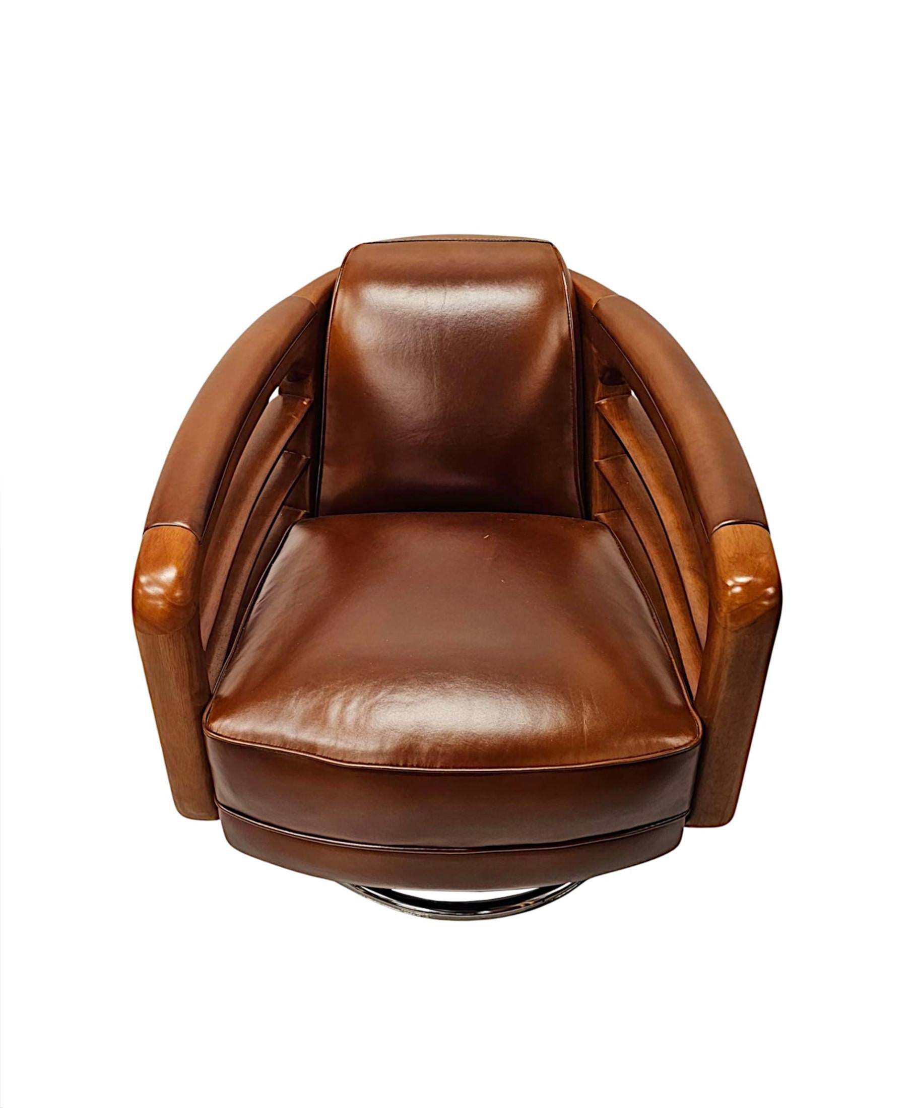 A Fabulous Contemporary Hand Made Leather and Chrome Revolving Club Chair For Sale 2