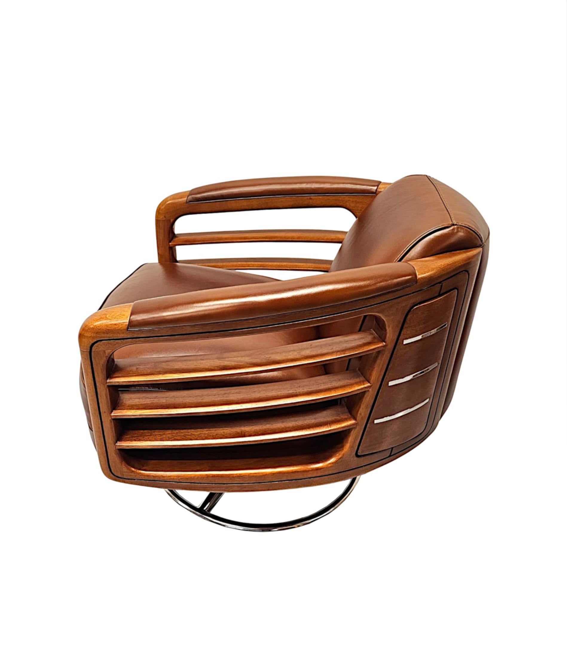 A Fabulous Contemporary Hand Made Leather and Chrome Revolving Club Chair For Sale 3