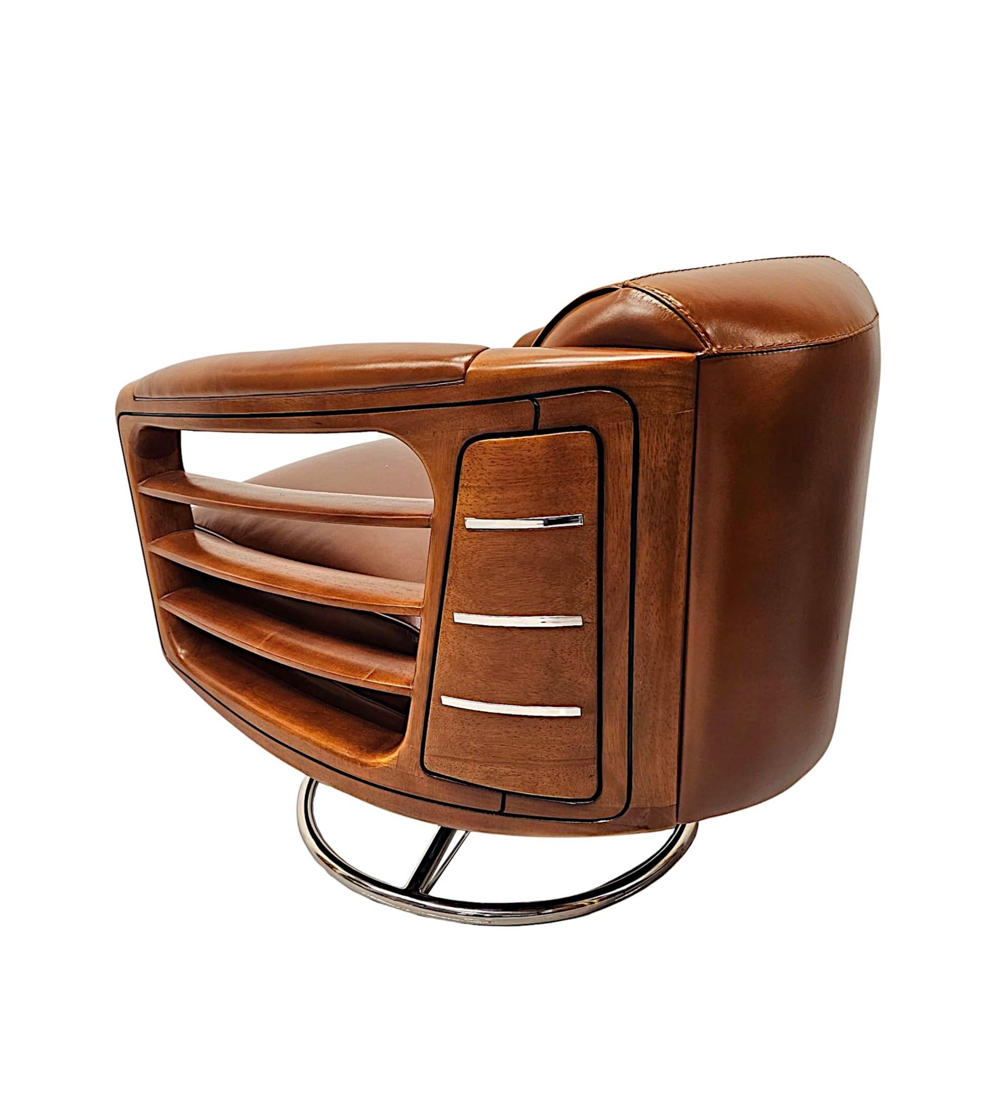 A Fabulous Contemporary Hand Made Leather and Chrome Revolving Club Chair For Sale 4