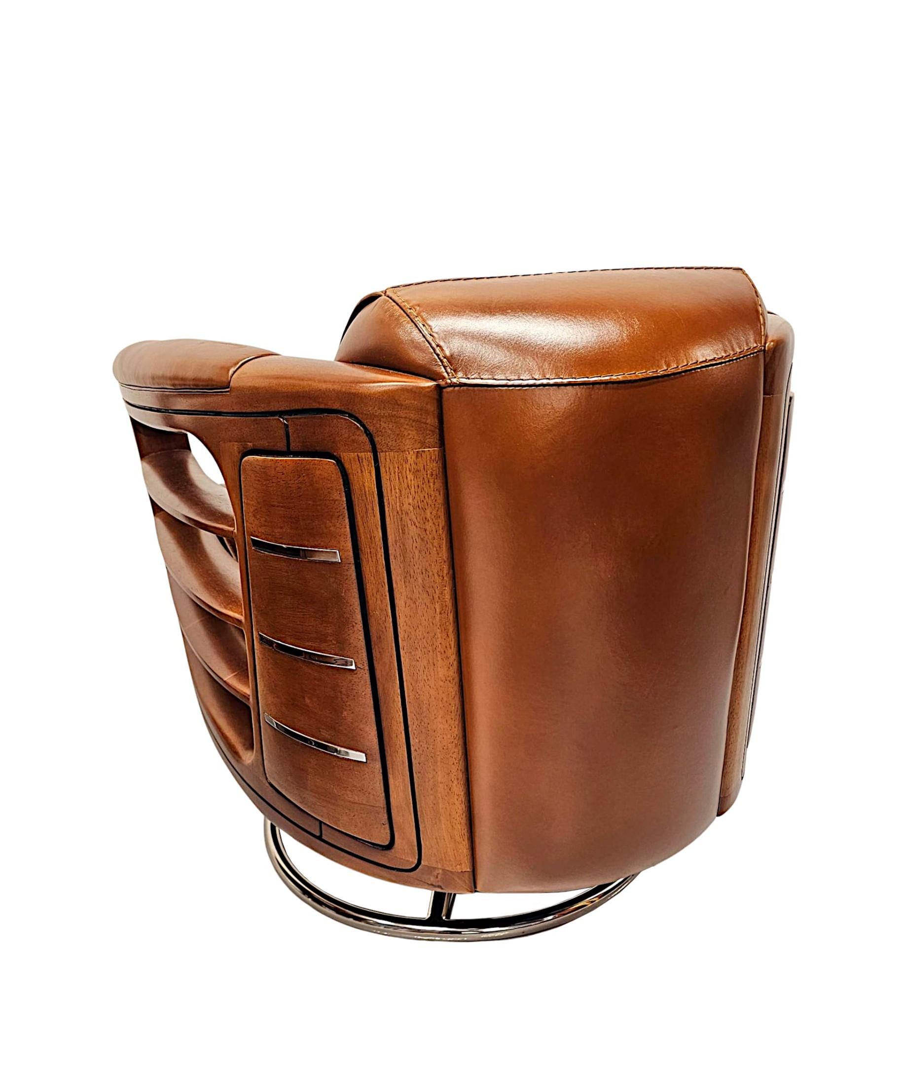 A Fabulous Contemporary Hand Made Leather and Chrome Revolving Club Chair For Sale 5