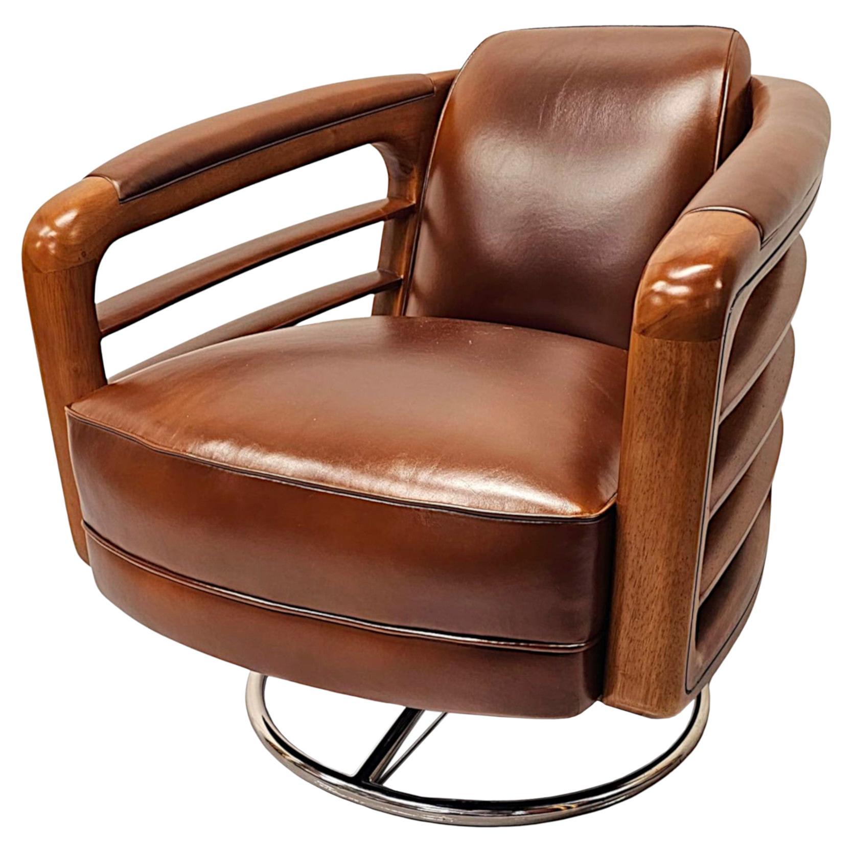 A Fabulous Contemporary Hand Made Leather and Chrome Revolving Club Chair For Sale