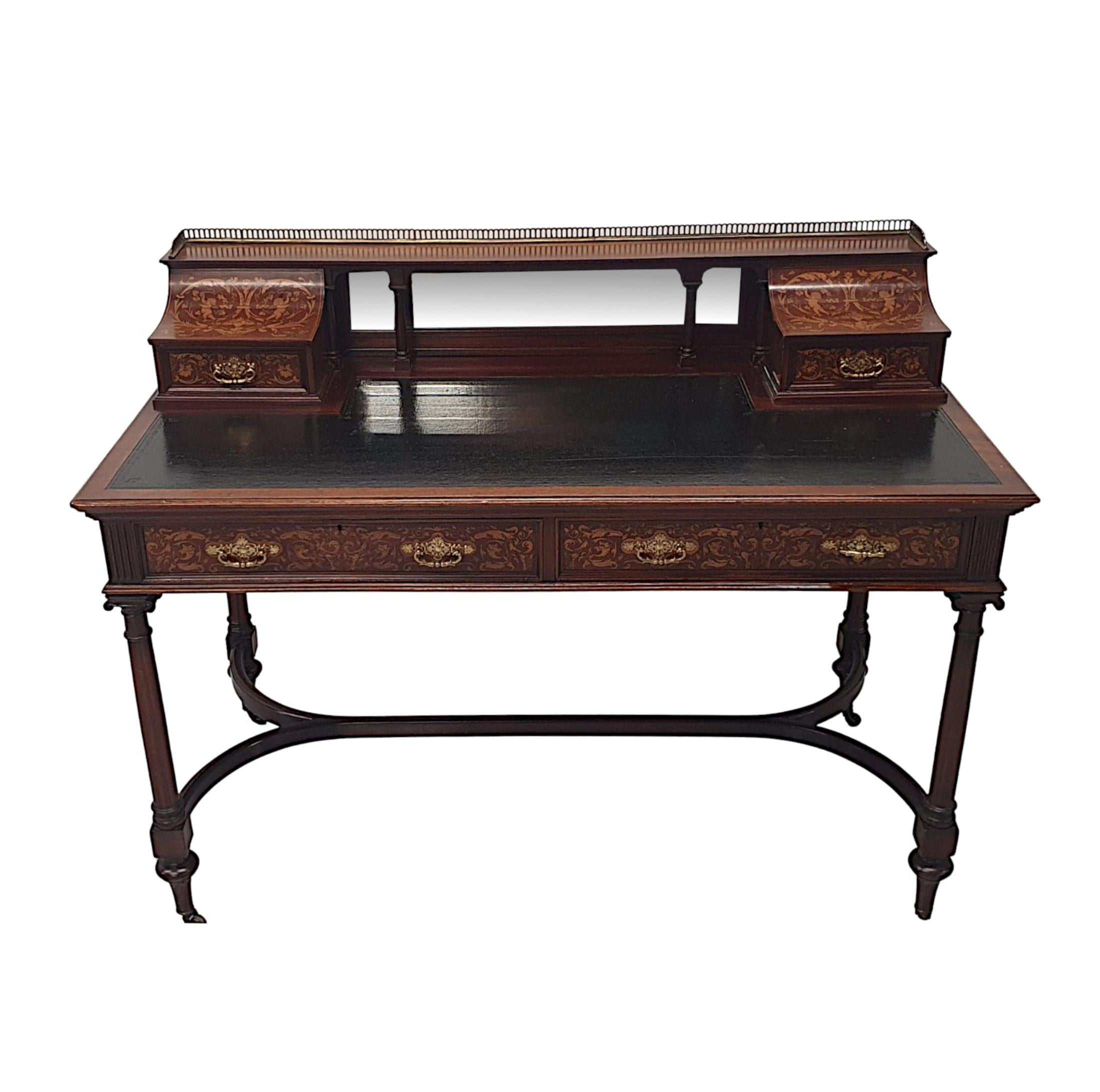 A fabulous Edwardian mahogany desk attributed to Edward and Roberts, richly patinated, line inlaid and with exquisite marquetry detail throughout depicting Neoclassical motifs comprising of cherubs, flowerheads, scrolling foliate and a pair of