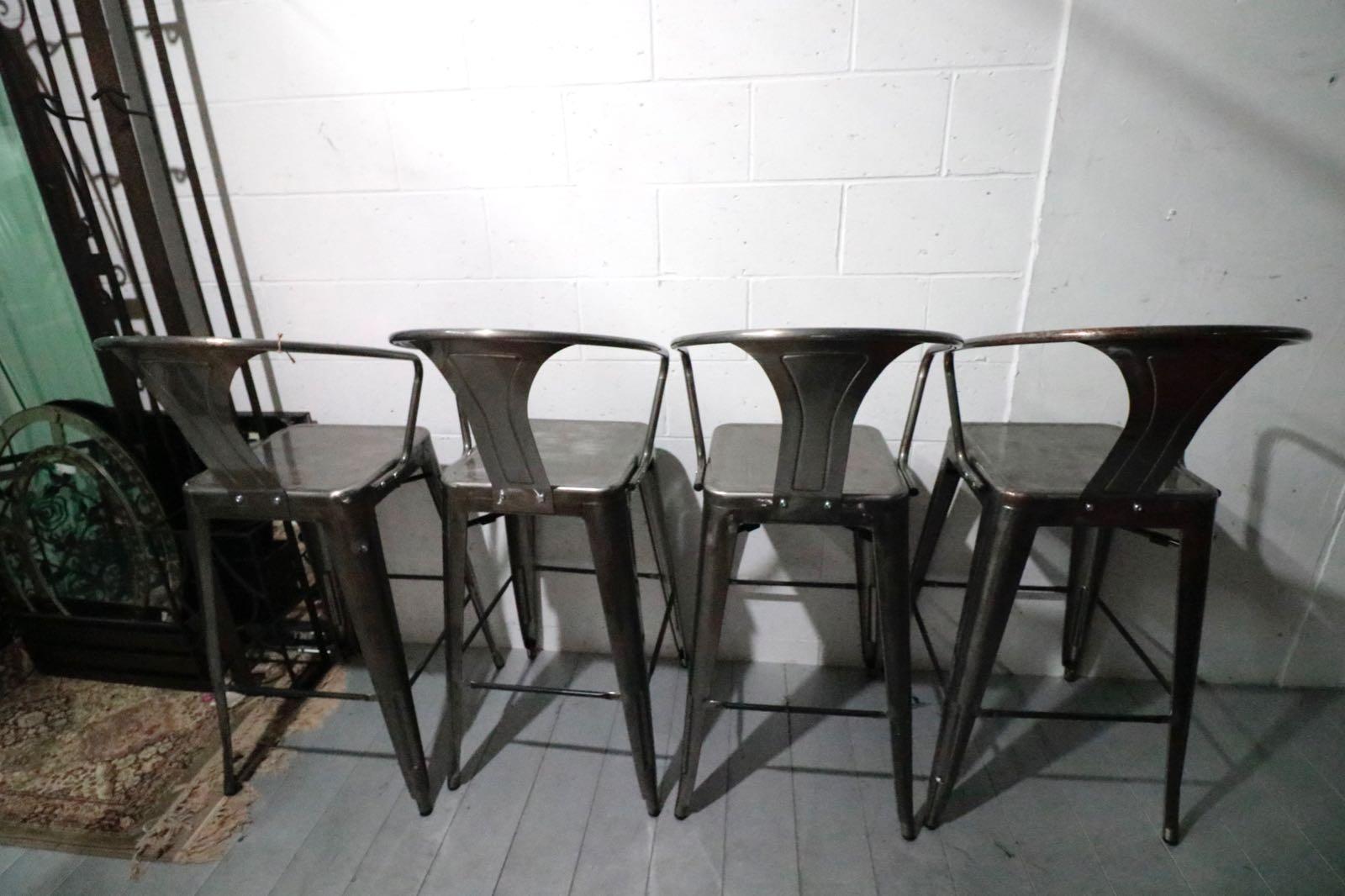 French Fabulous Foursome of Vintage Industrial Metal Bar Stools and Chairs For Sale