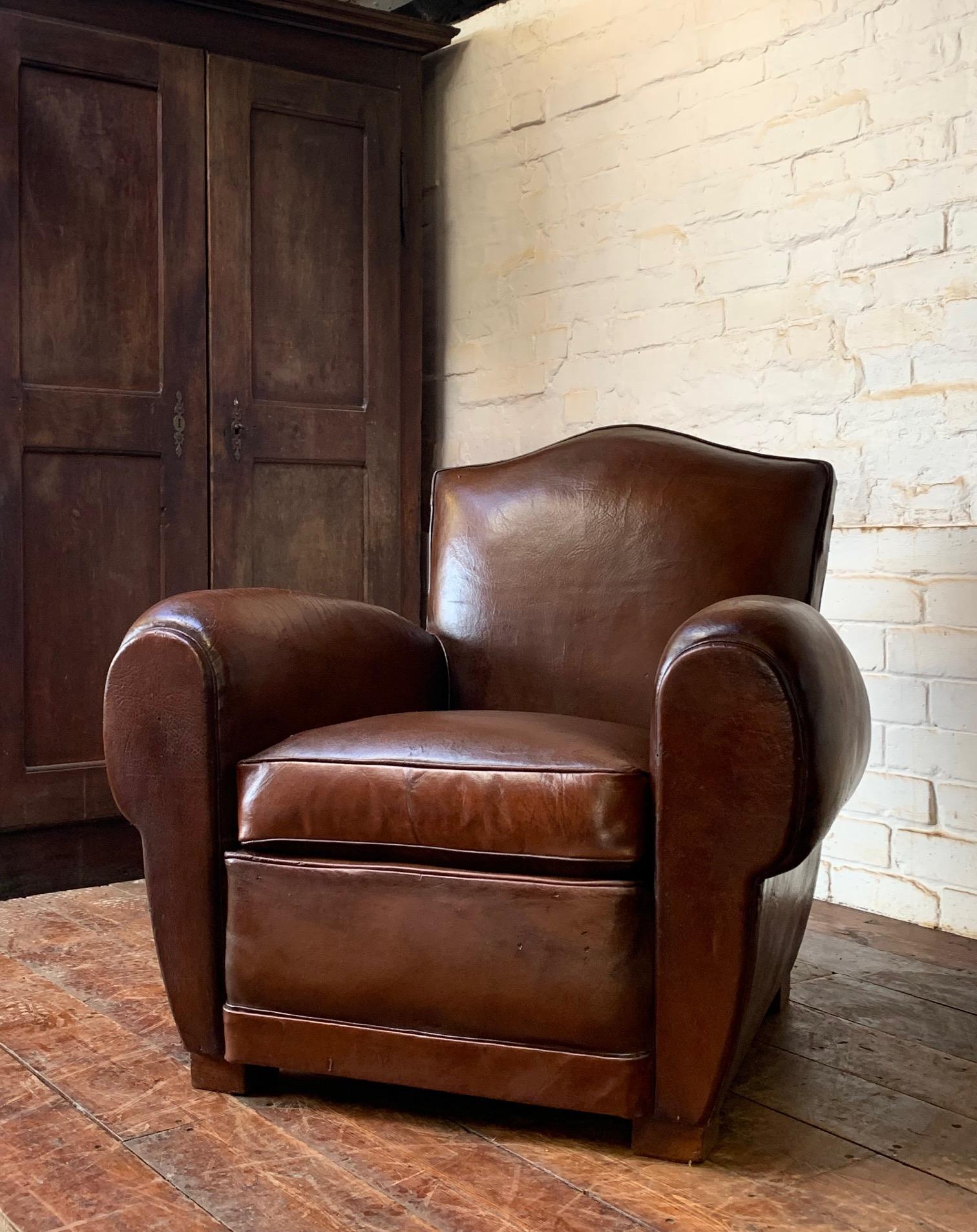 A Fabulous French Leather Club Chair, Chapeau de Gendarme Model, Circa 1940’s 6