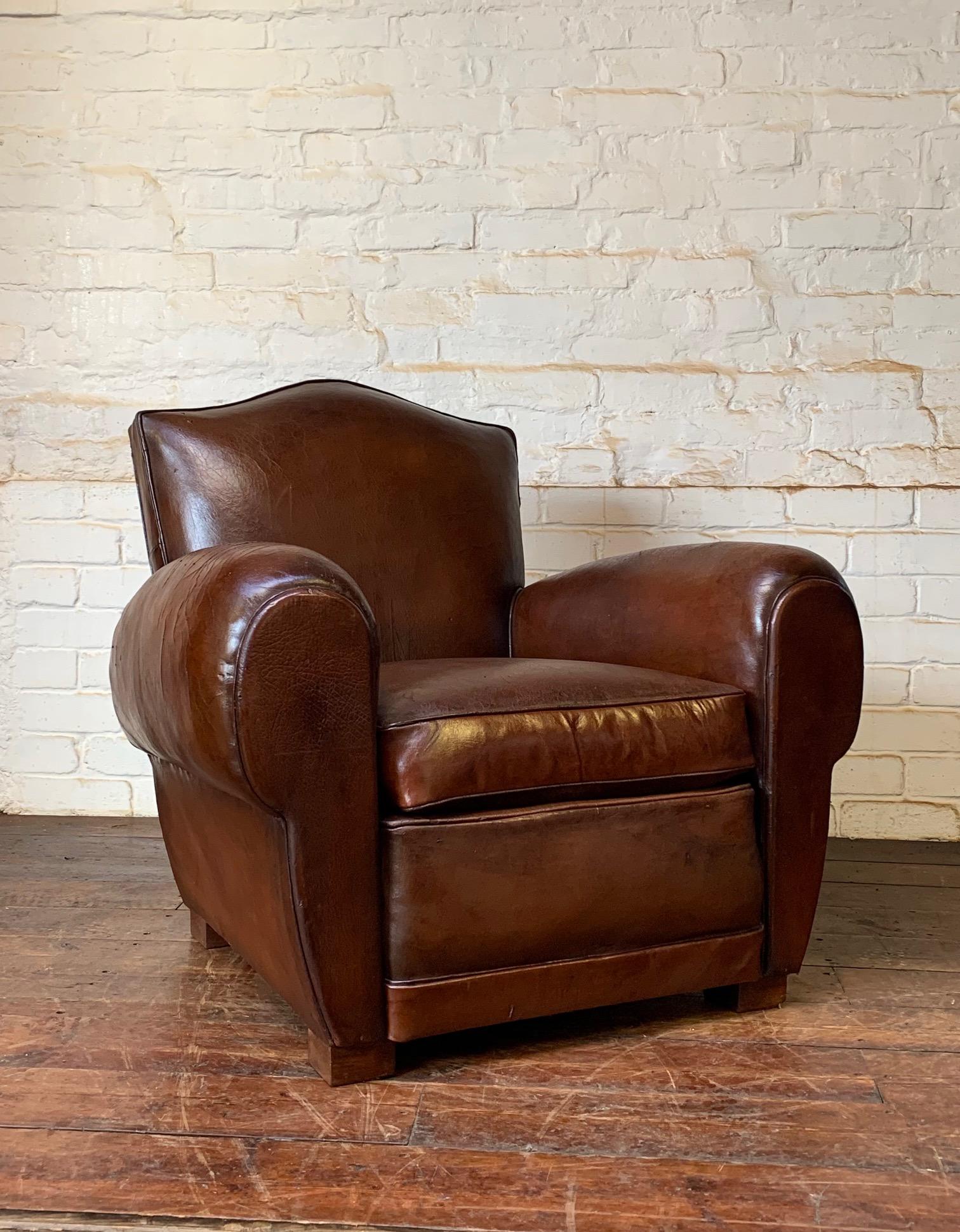 Art Deco A Fabulous French Leather Club Chair, Chapeau de Gendarme Model, Circa 1940’s