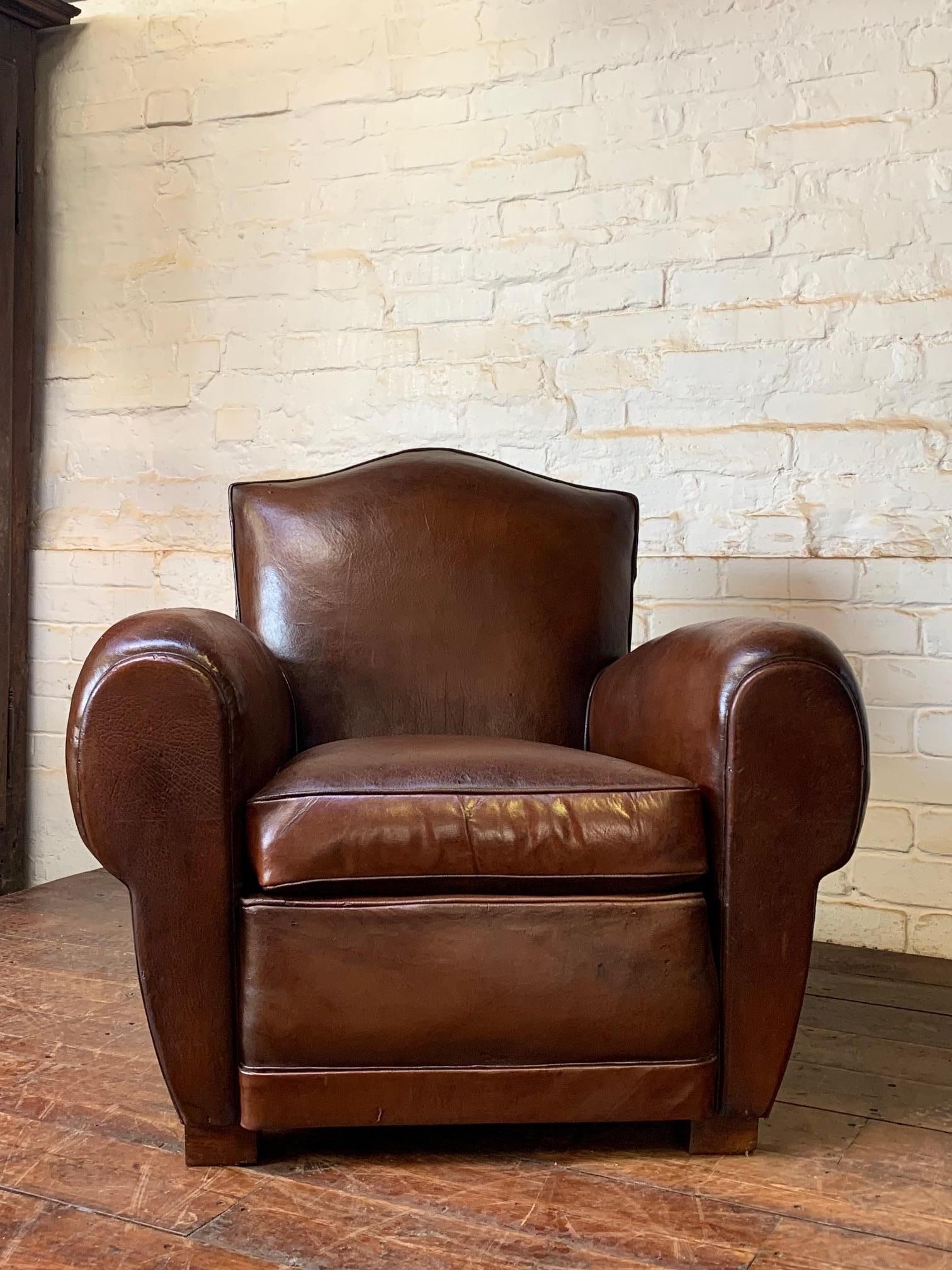 A Fabulous French Leather Club Chair, Chapeau de Gendarme Model, Circa 1940’s In Good Condition In Hastings, GB