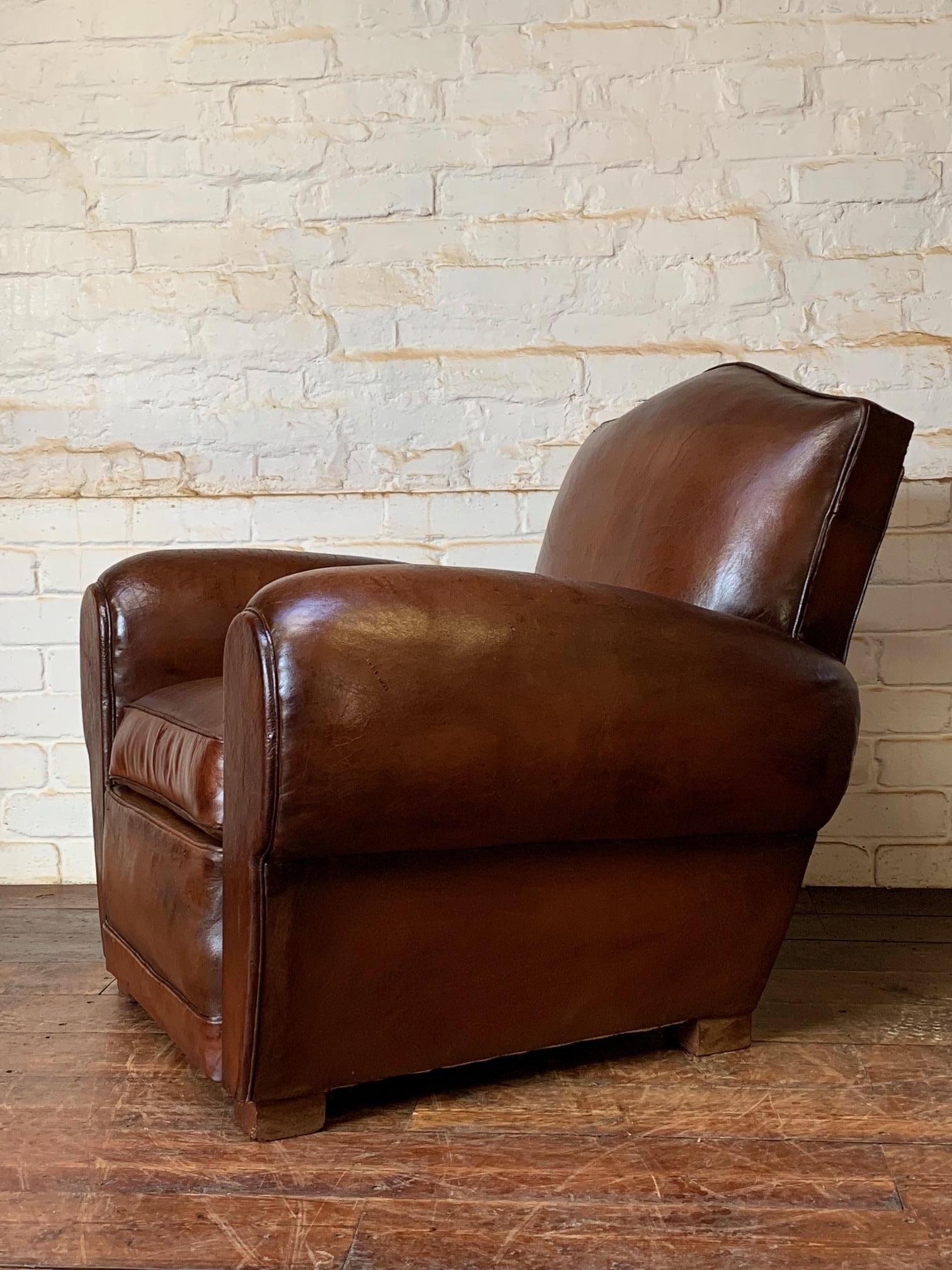 20th Century A Fabulous French Leather Club Chair, Chapeau de Gendarme Model, Circa 1940’s