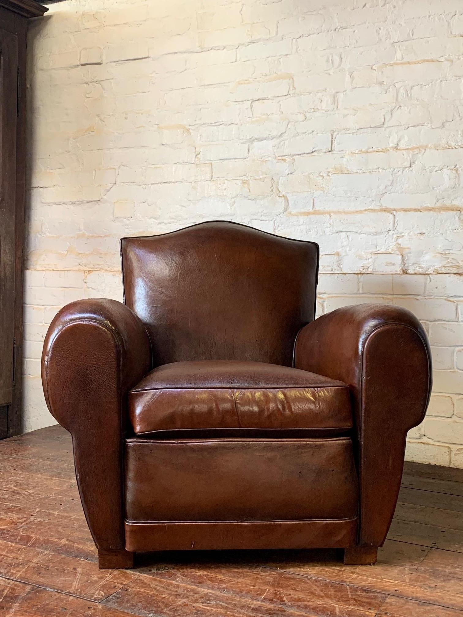 A Fabulous French Leather Club Chair, Chapeau de Gendarme Model, Circa 1940’s 1