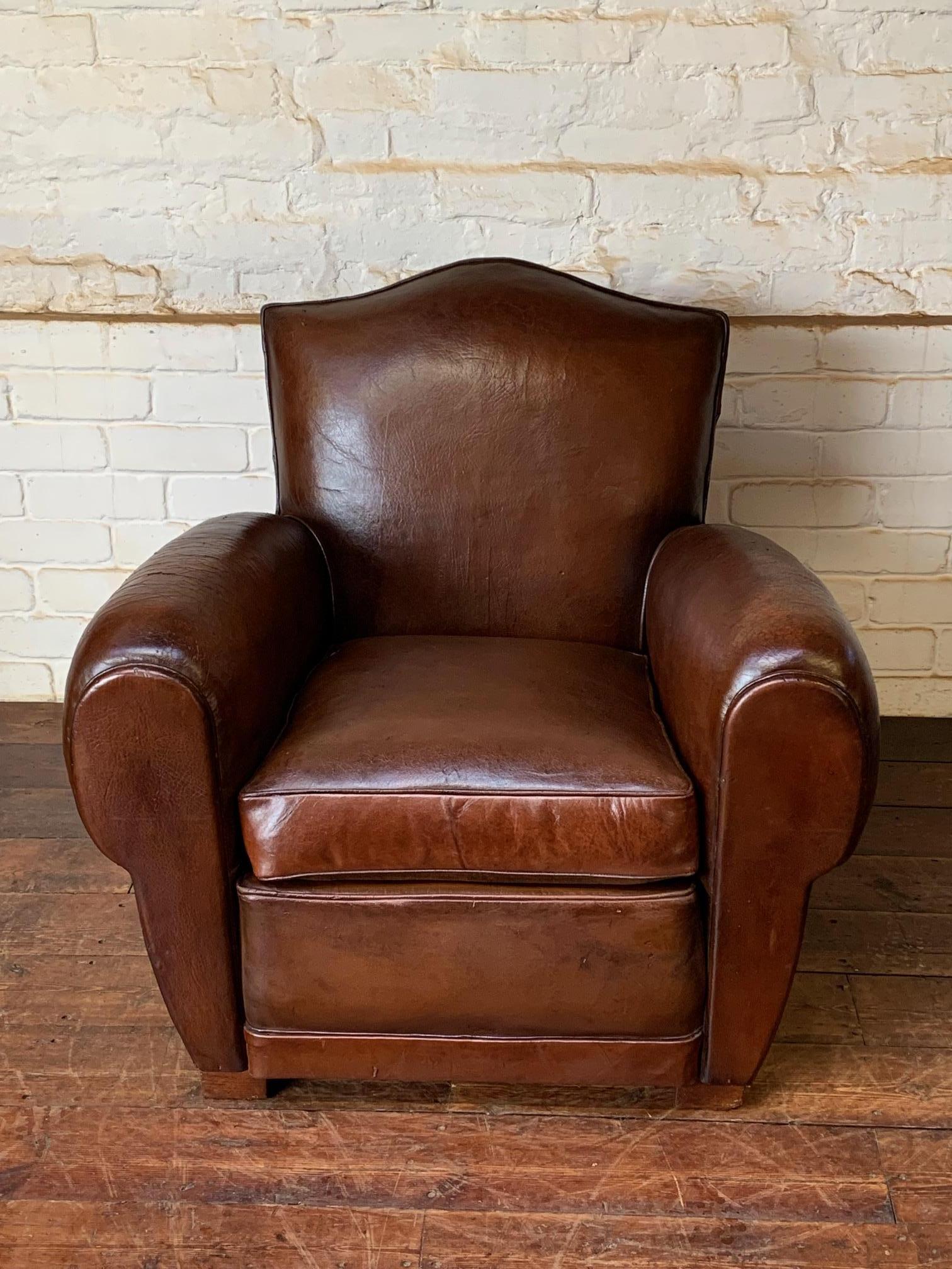 A Fabulous French Leather Club Chair, Chapeau de Gendarme Model, Circa 1940’s 2