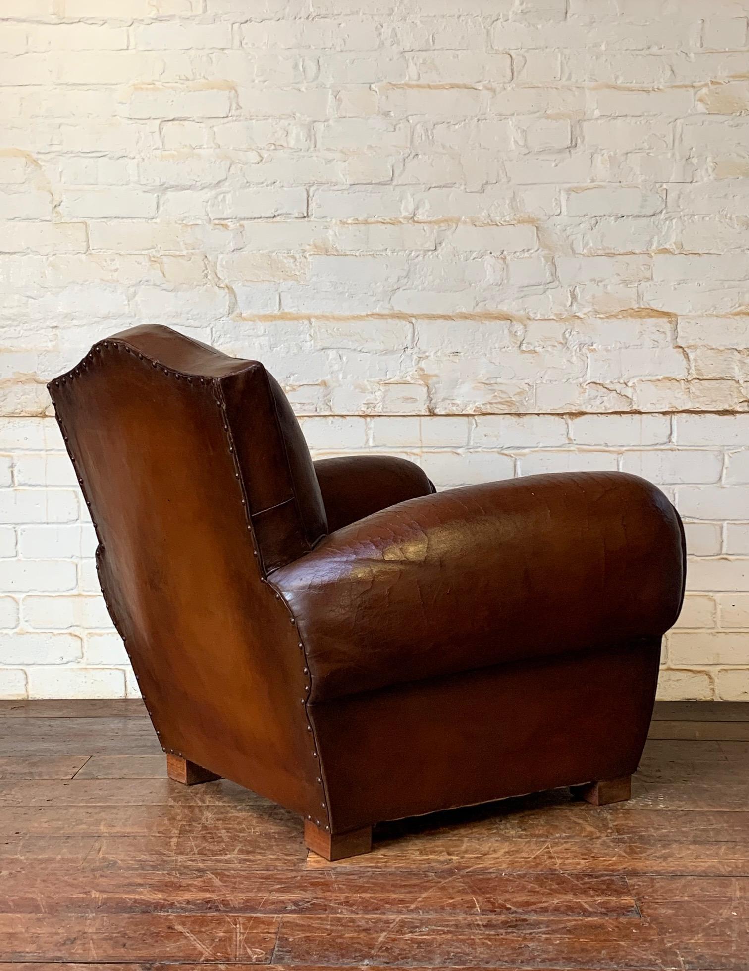 A Fabulous French Leather Club Chair, Chapeau de Gendarme Model, Circa 1940’s 3