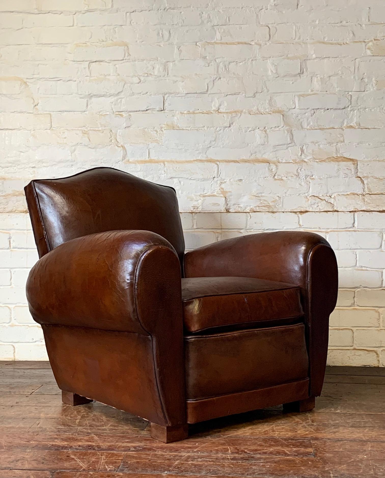 A Fabulous French Leather Club Chair, Chapeau de Gendarme Model, Circa 1940’s 4