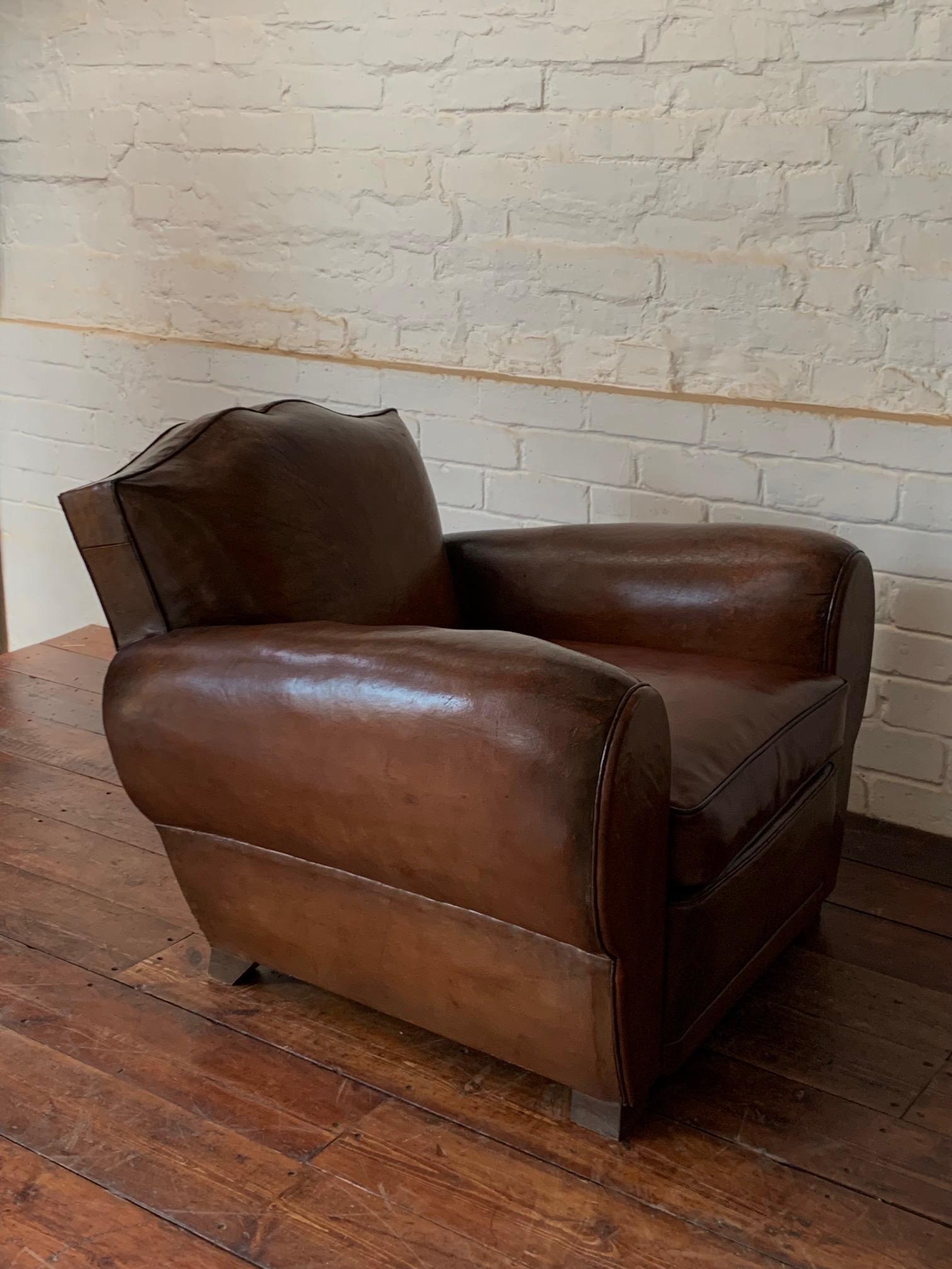 A Fabulous French Leather Club Chair, Havana Moustache Model, Circa 1930's 8