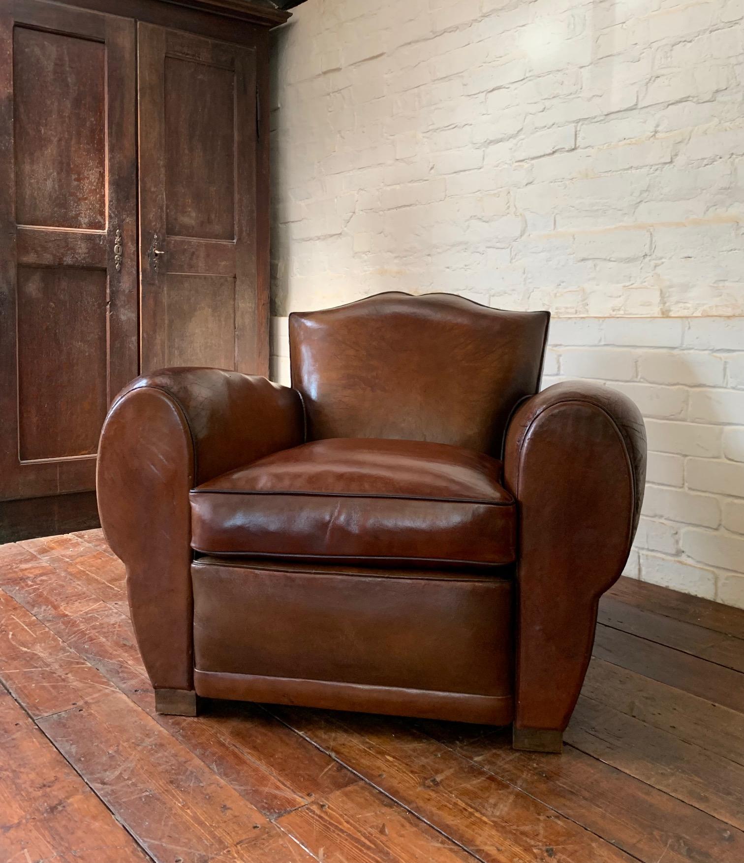 A Fabulous French Leather Club Chair, Havana Moustache Model, Circa 1930's 9