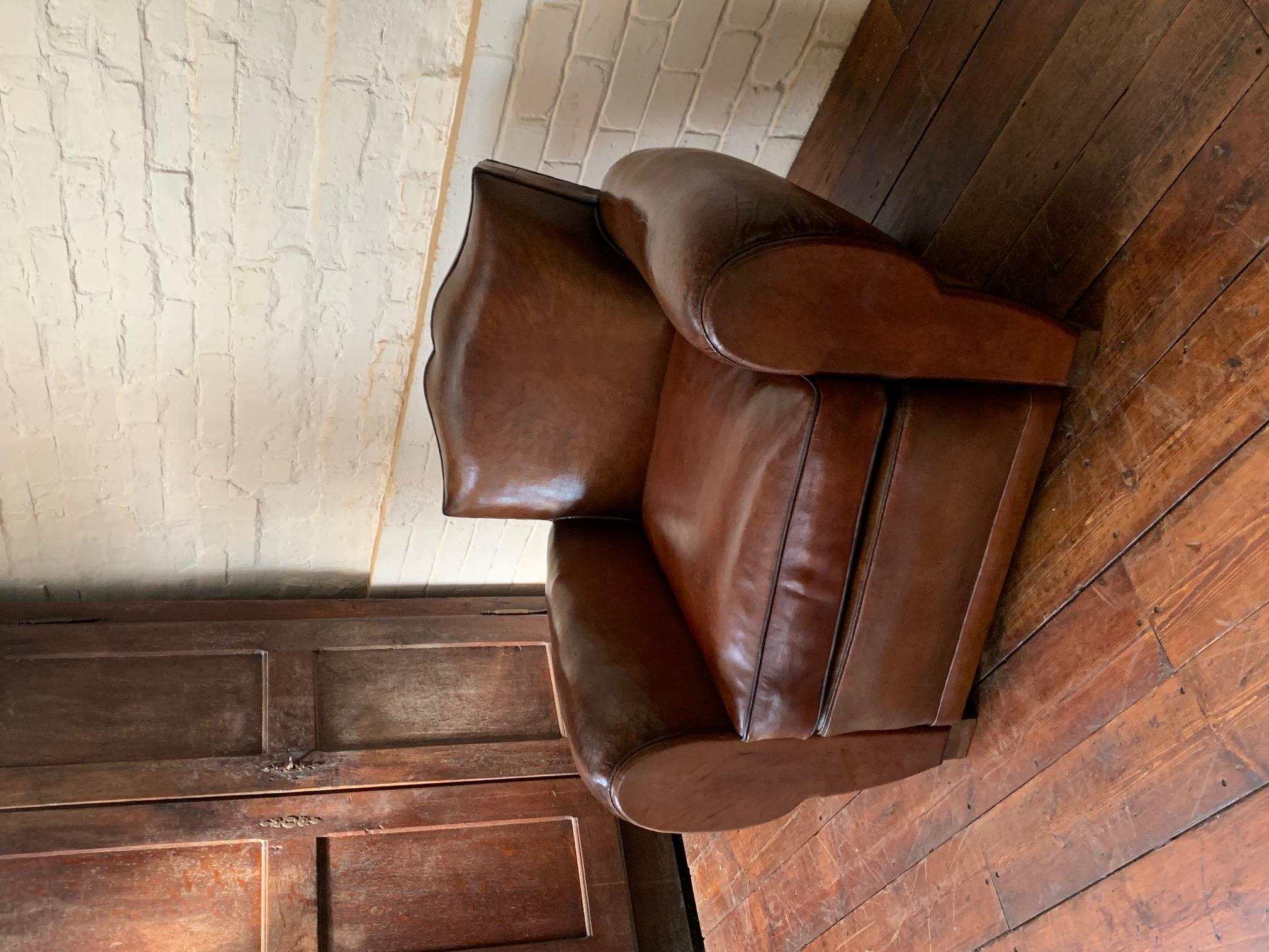A Fabulous French Leather Club Chair, Havana Moustache Model, Circa 1930's 10