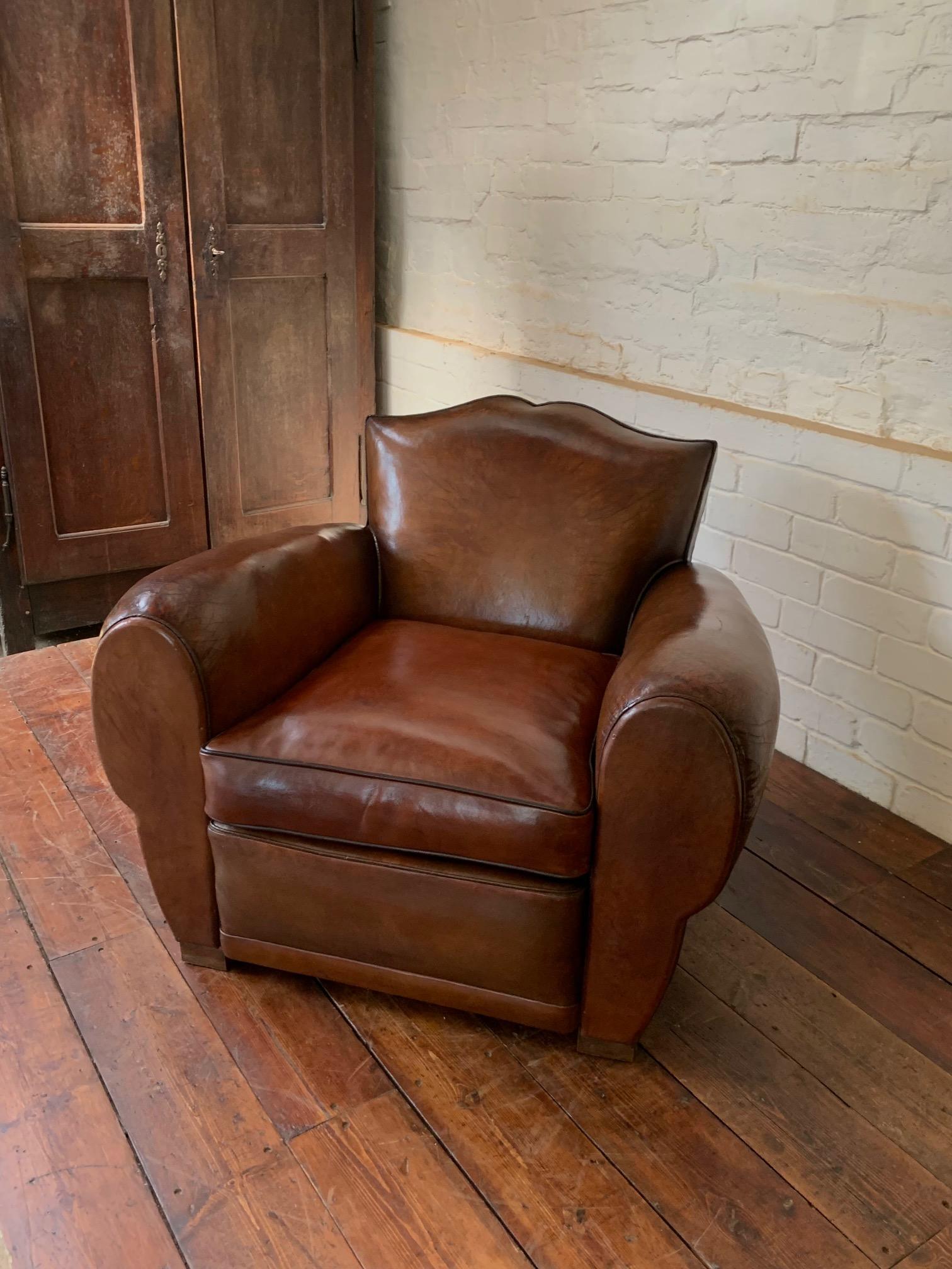 A Fabulous French Leather Club Chair, Havana Moustache Model, Circa 1930's 11