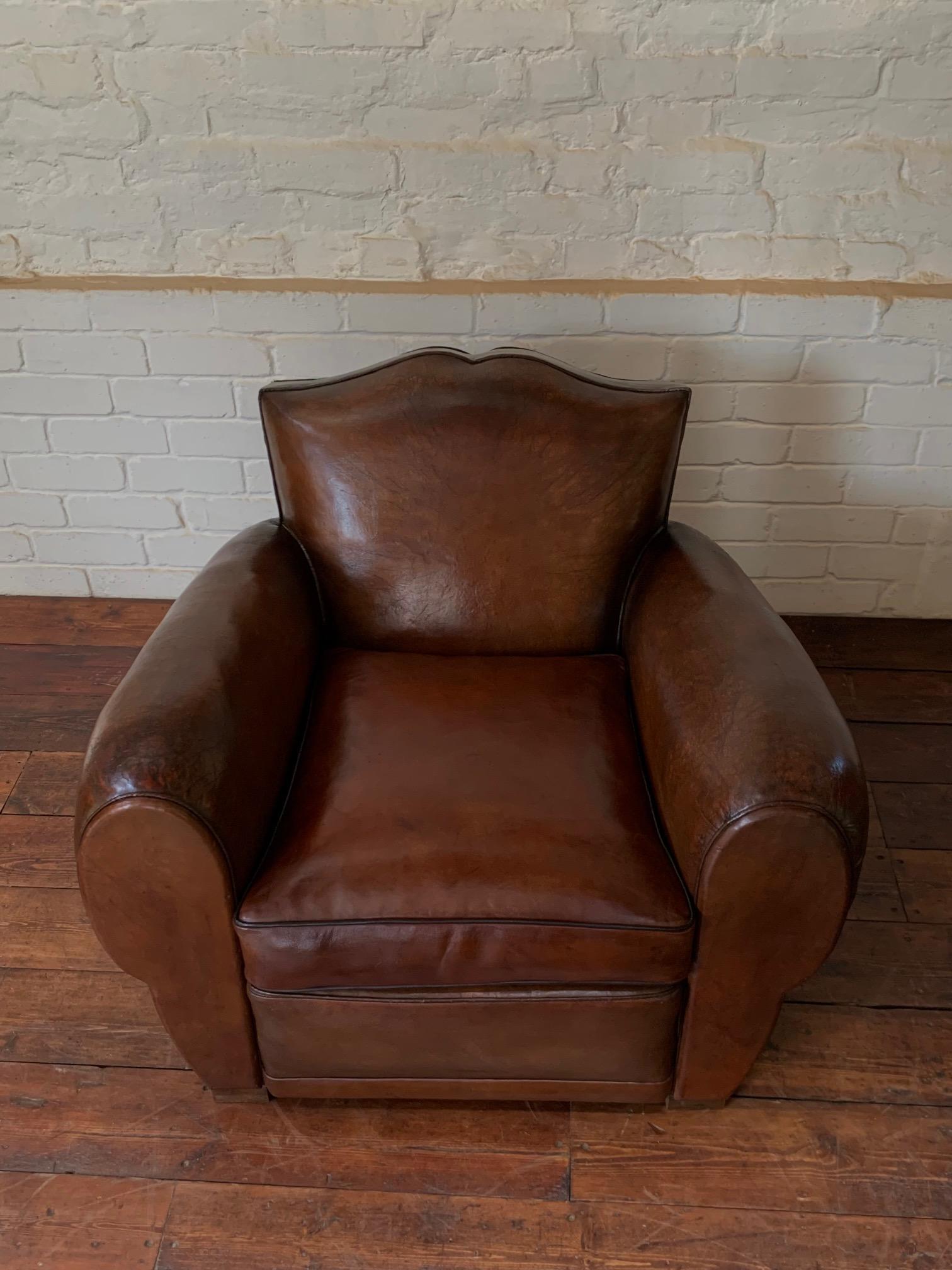 Art Deco A Fabulous French Leather Club Chair, Havana Moustache Model, Circa 1930's