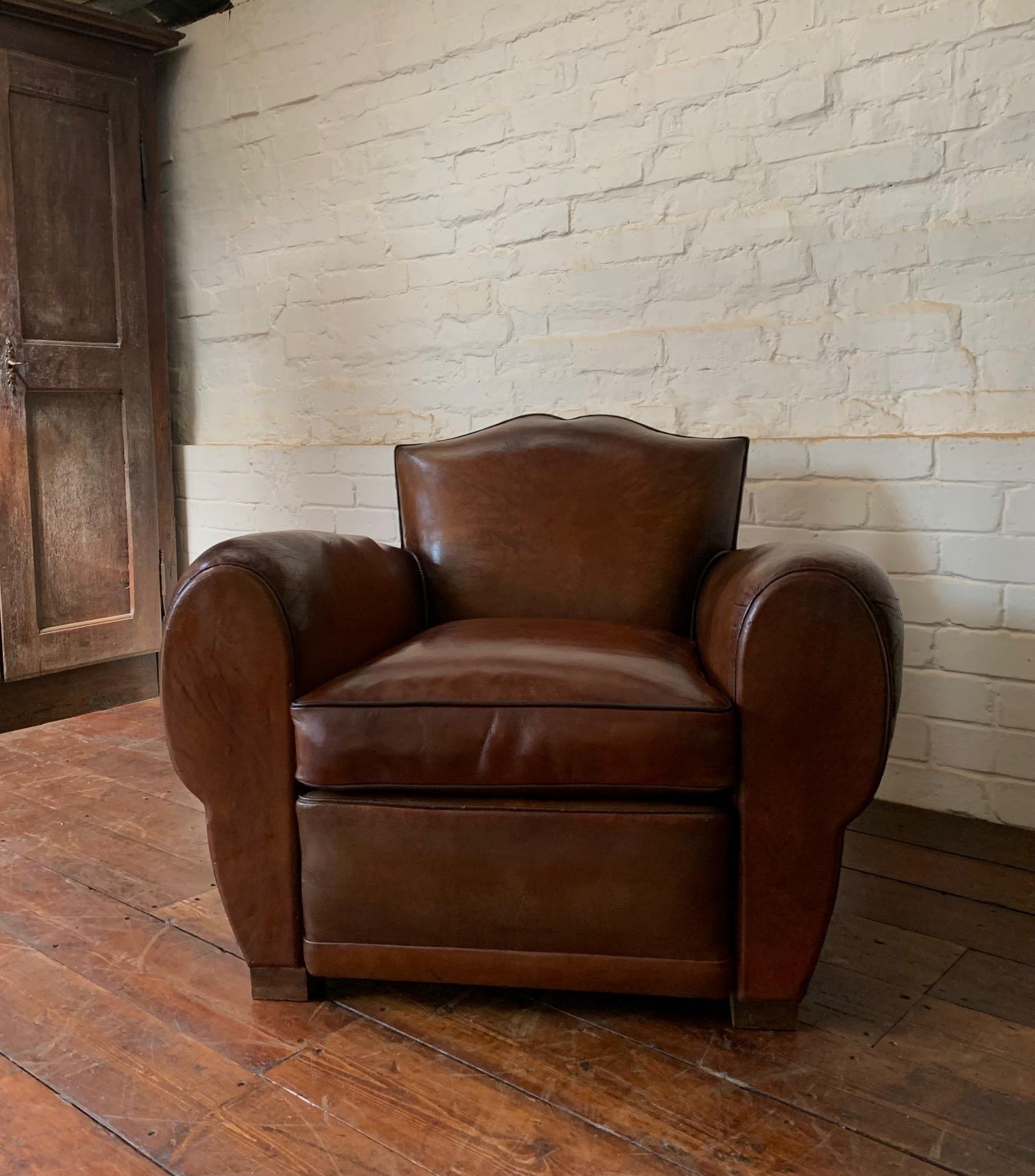 A Fabulous French Leather Club Chair, Havana Moustache Model, Circa 1930's In Good Condition In Hastings, GB