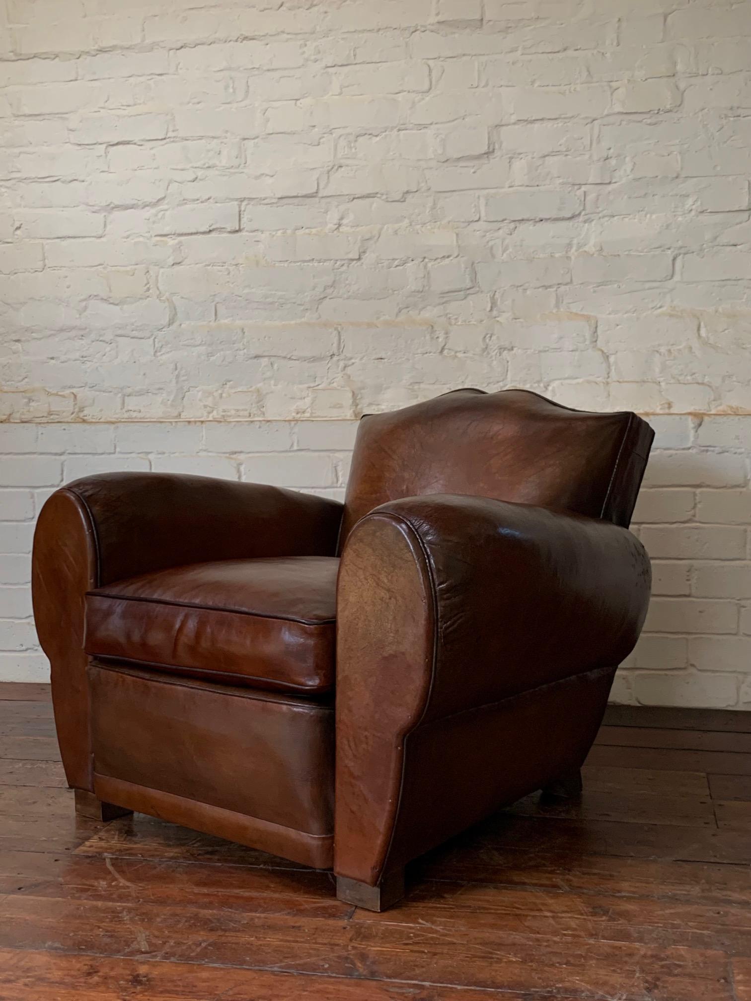20th Century A Fabulous French Leather Club Chair, Havana Moustache Model, Circa 1930's