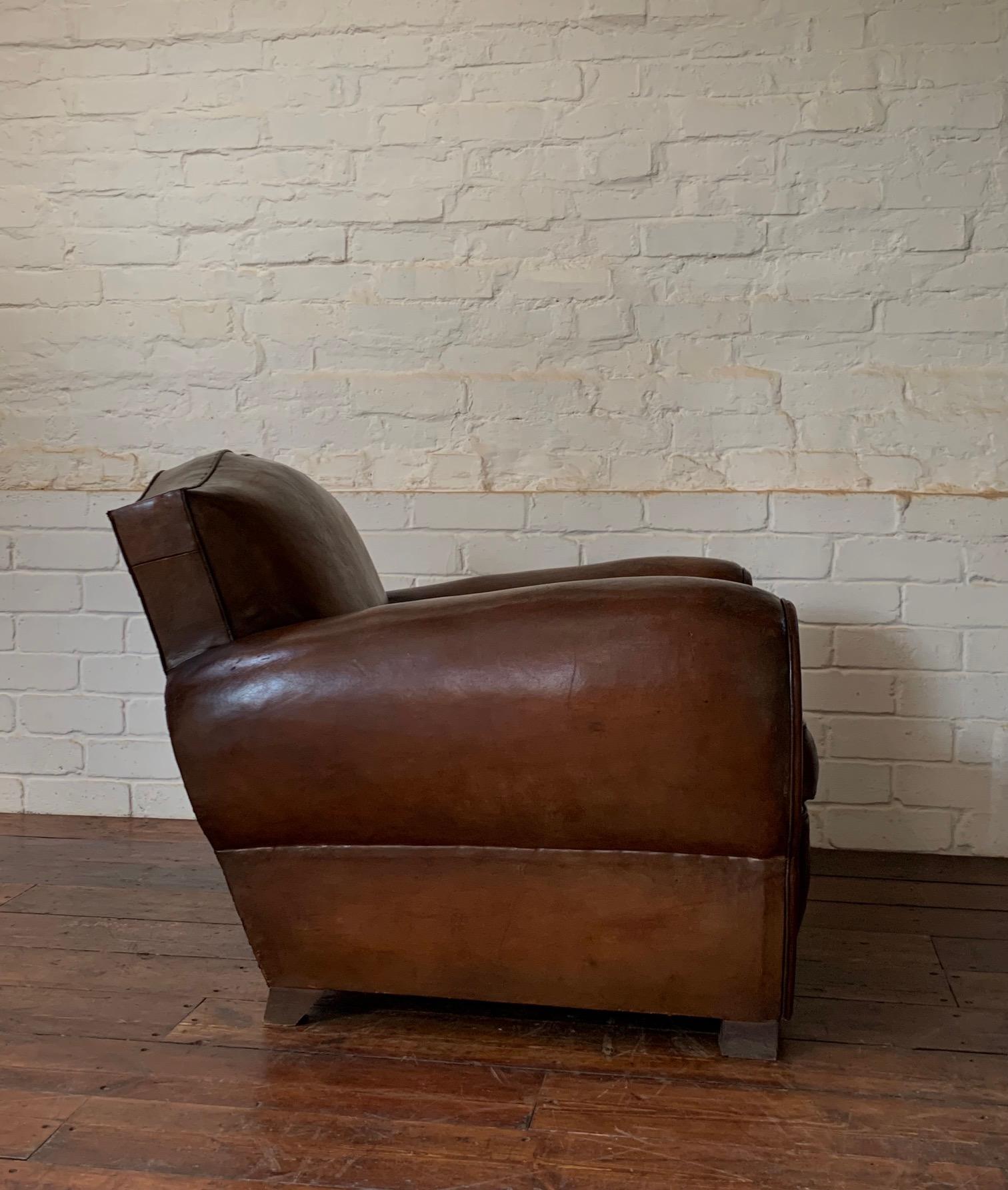 A Fabulous French Leather Club Chair, Havana Moustache Model, Circa 1930's 1