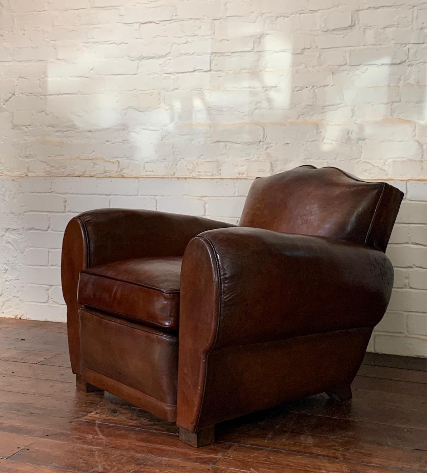A Fabulous French Leather Club Chair, Havana Moustache Model, Circa 1930's 2