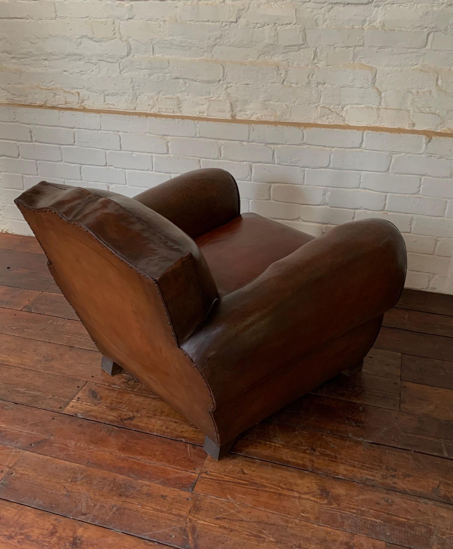 A Fabulous French Leather Club Chair, Havana Moustache Model, Circa 1930's 3