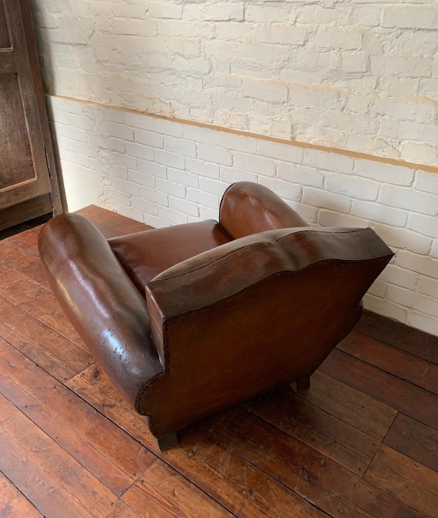 A Fabulous French Leather Club Chair, Havana Moustache Model, Circa 1930's 4