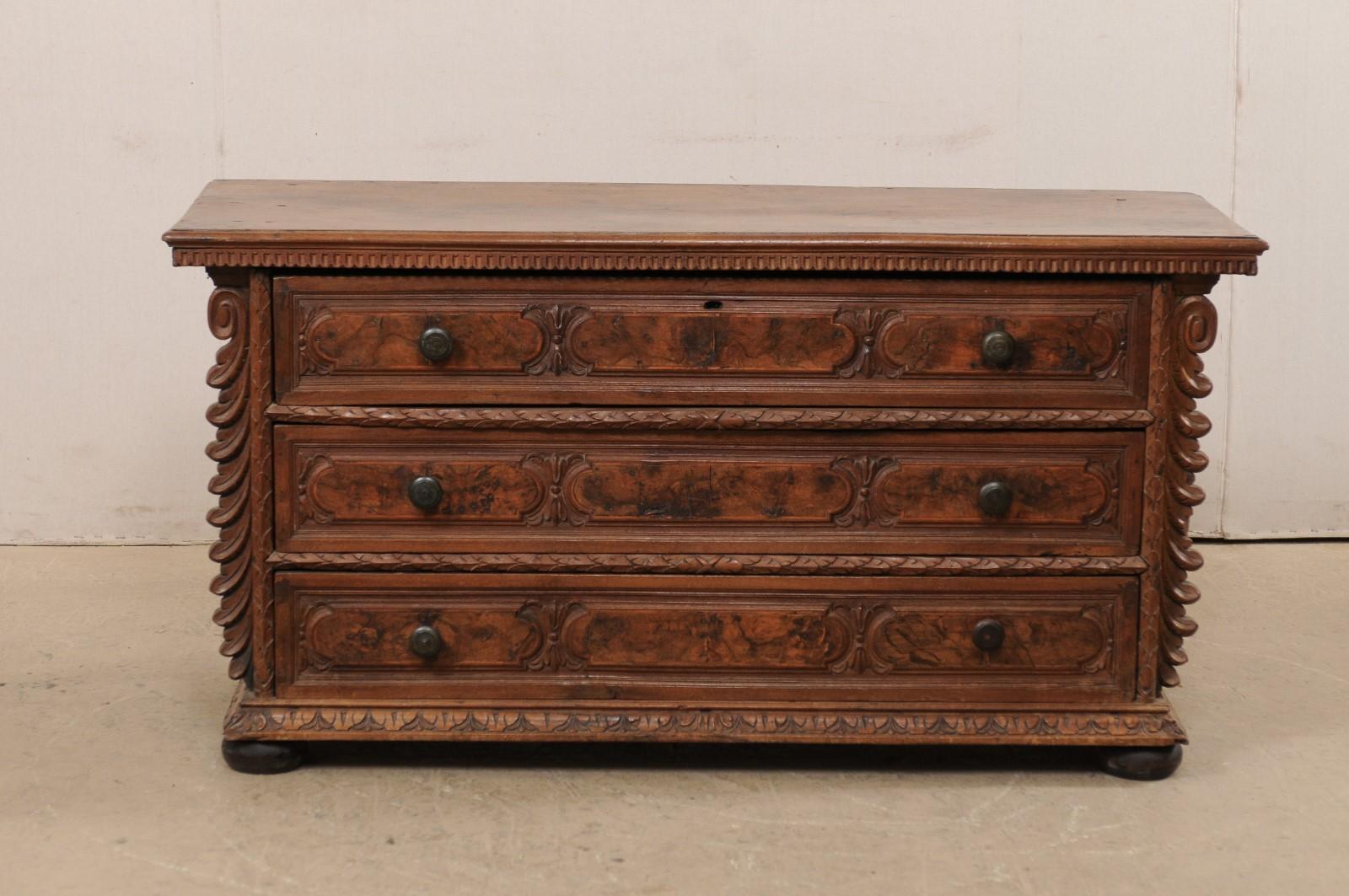 Hand-Carved Fabulous Italian Early 18th C. Walnut Chest of Drawers Beautifully Carved