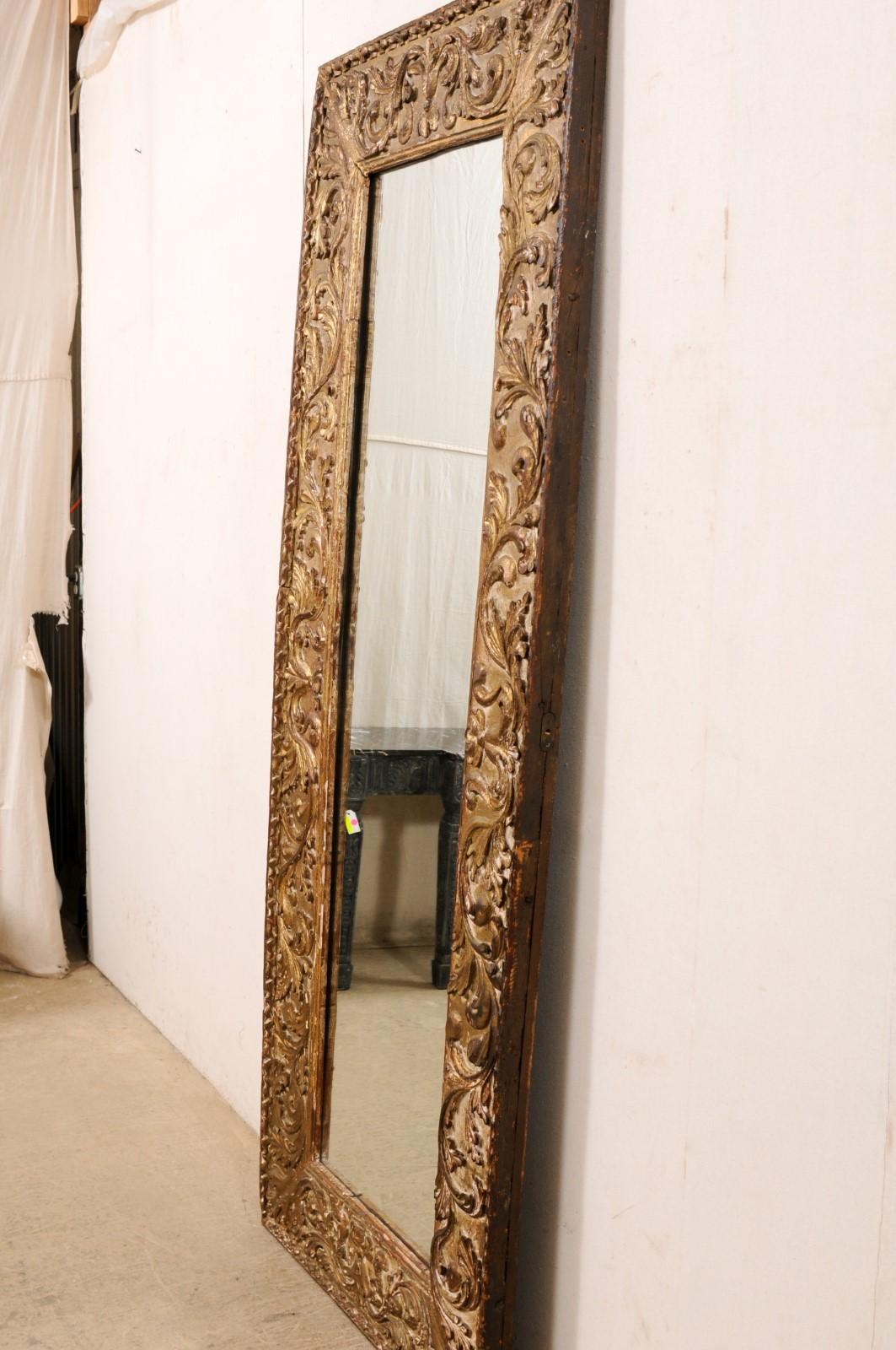 18th Century Fabulous Italian Period Baroque Tall Mirror W/Thick Leaf-Carved Frame For Sale