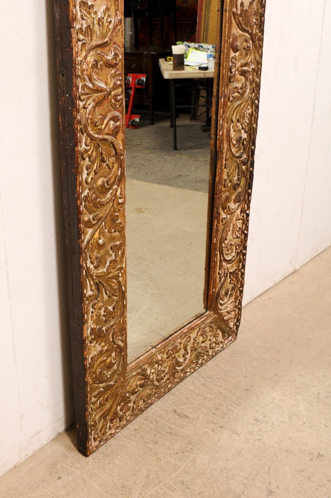 Wood Fabulous Italian Period Baroque Tall Mirror W/Thick Leaf-Carved Frame For Sale