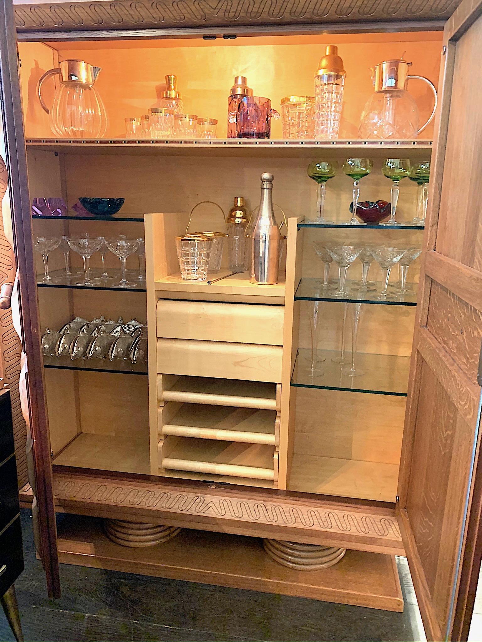 French Fabulous Large Art Deco Oak Bar Cabinet by Charles Dudouyt with Glass Shelves