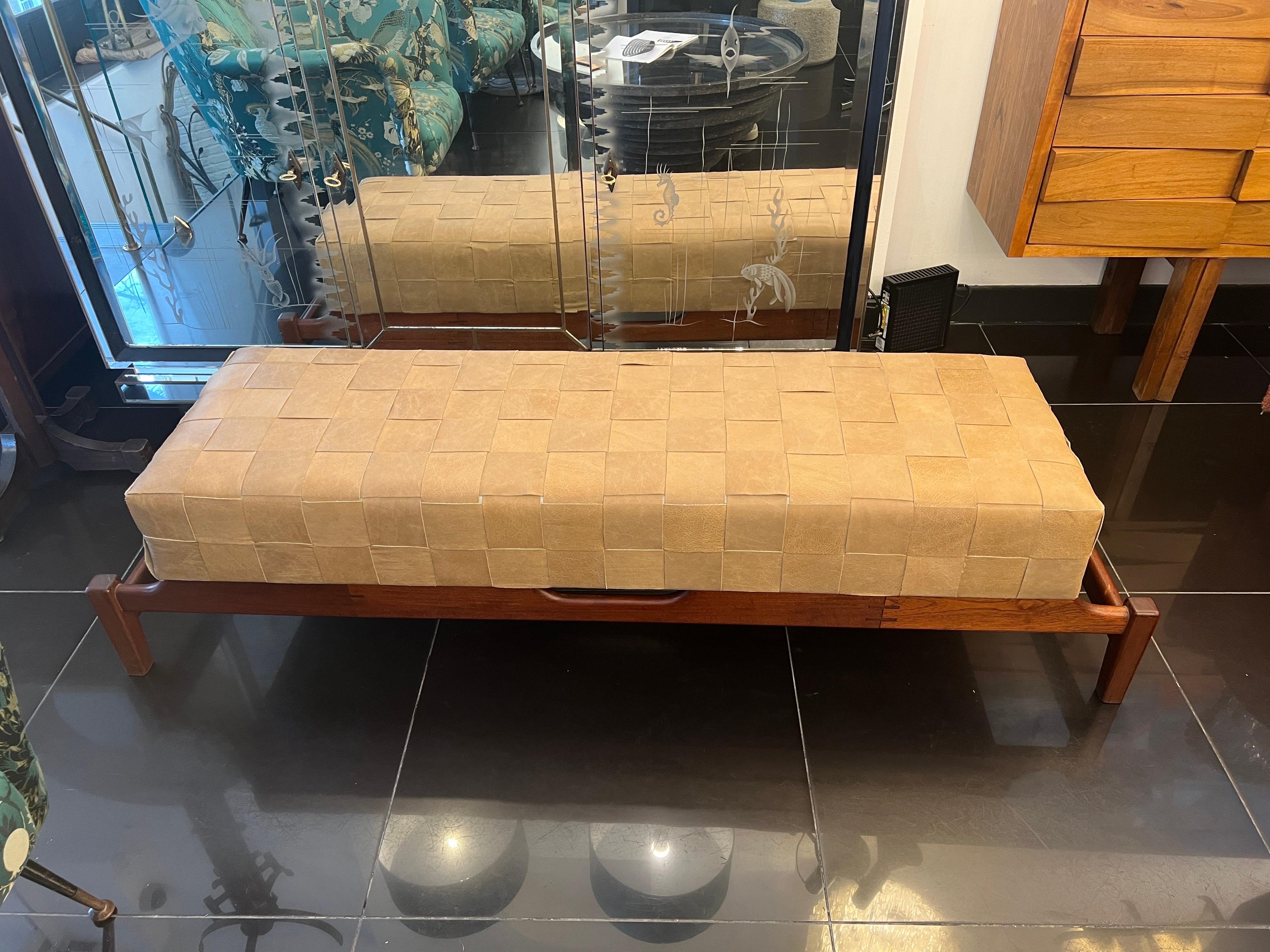 Italian A fabulous Large walnut and woven leather bench  For Sale