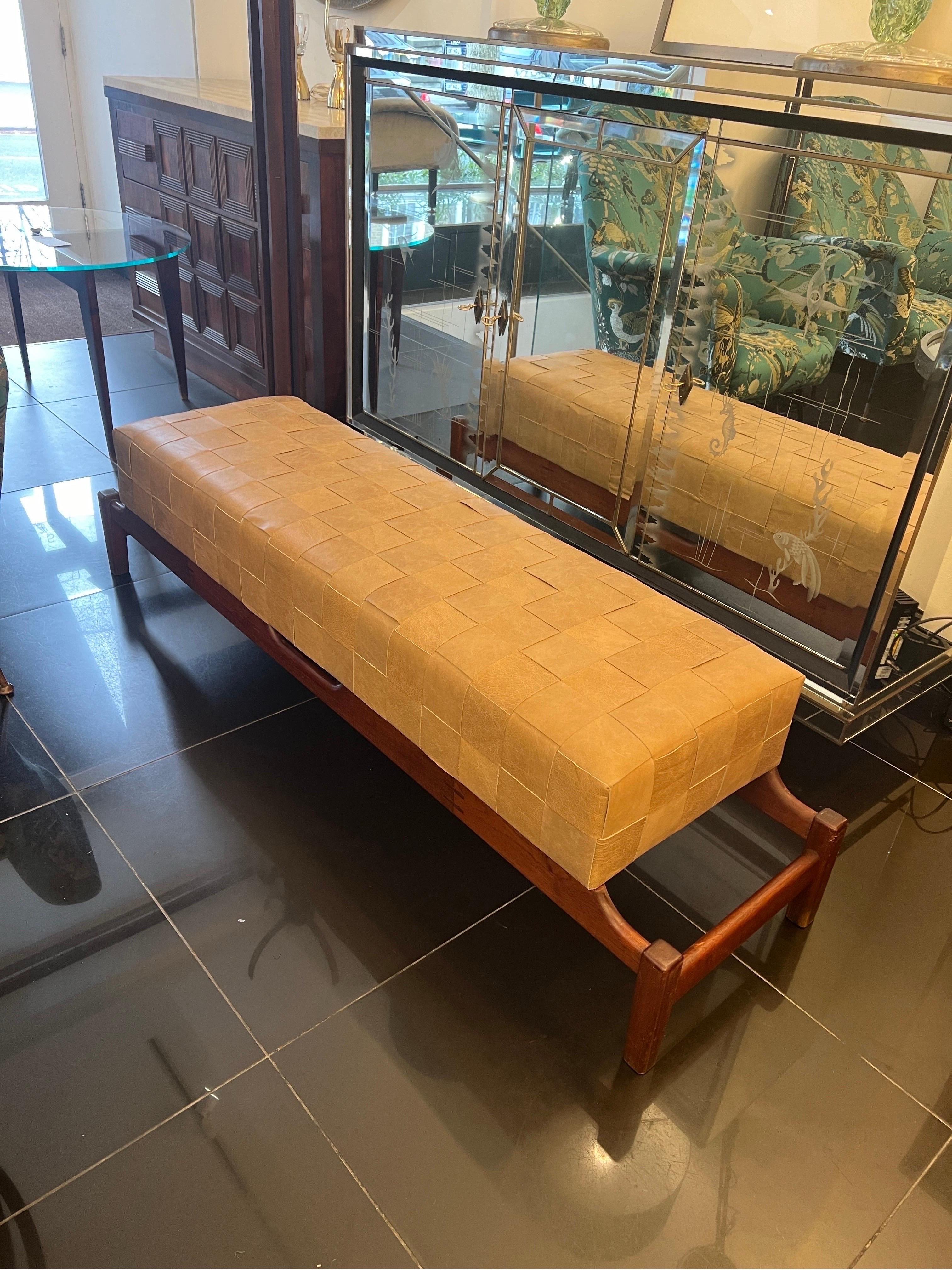 20th Century A fabulous Large walnut and woven leather bench  For Sale
