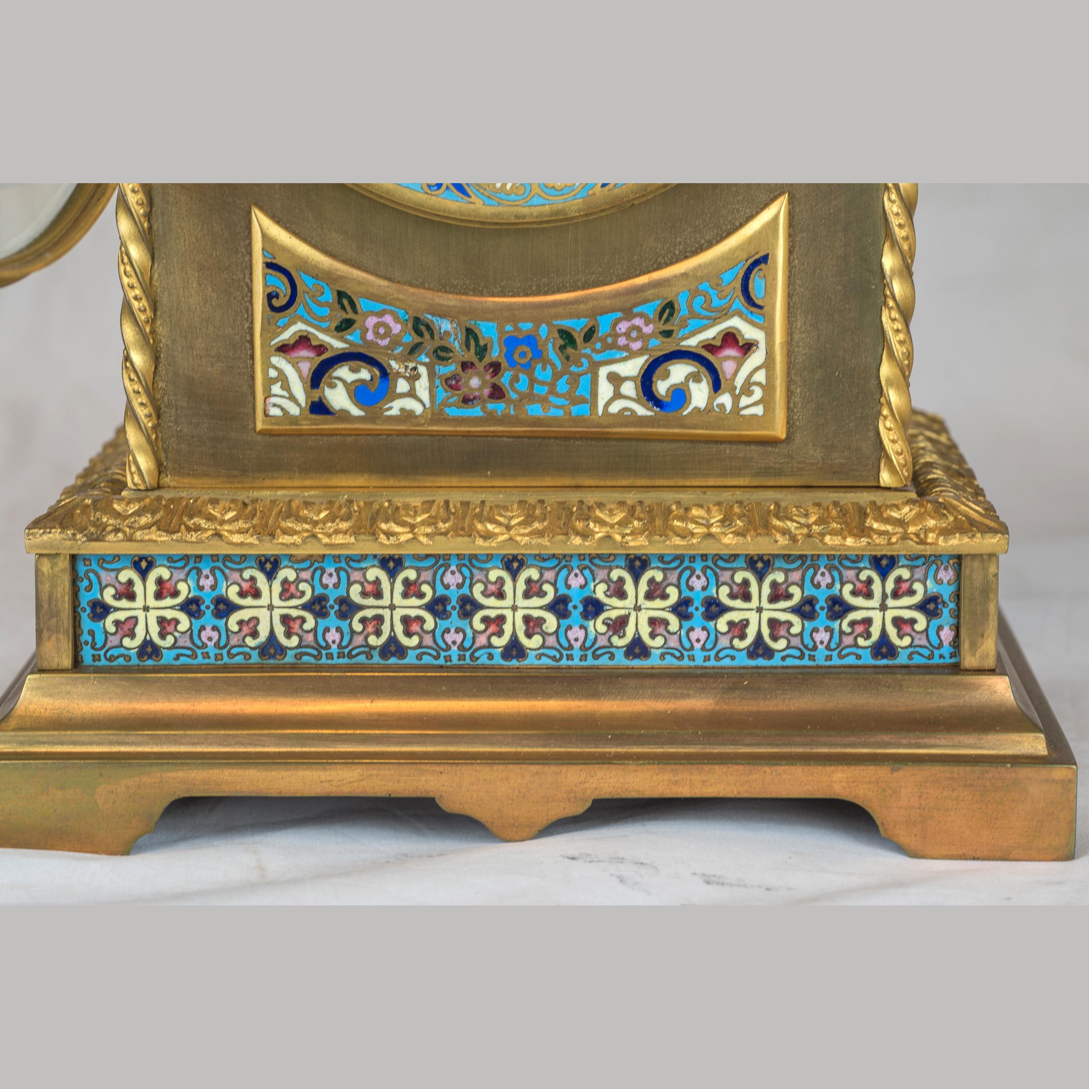 Fabulous Late 19th Century French Champleve Enamel and Gilt-Bronze Mantel Clock For Sale 4
