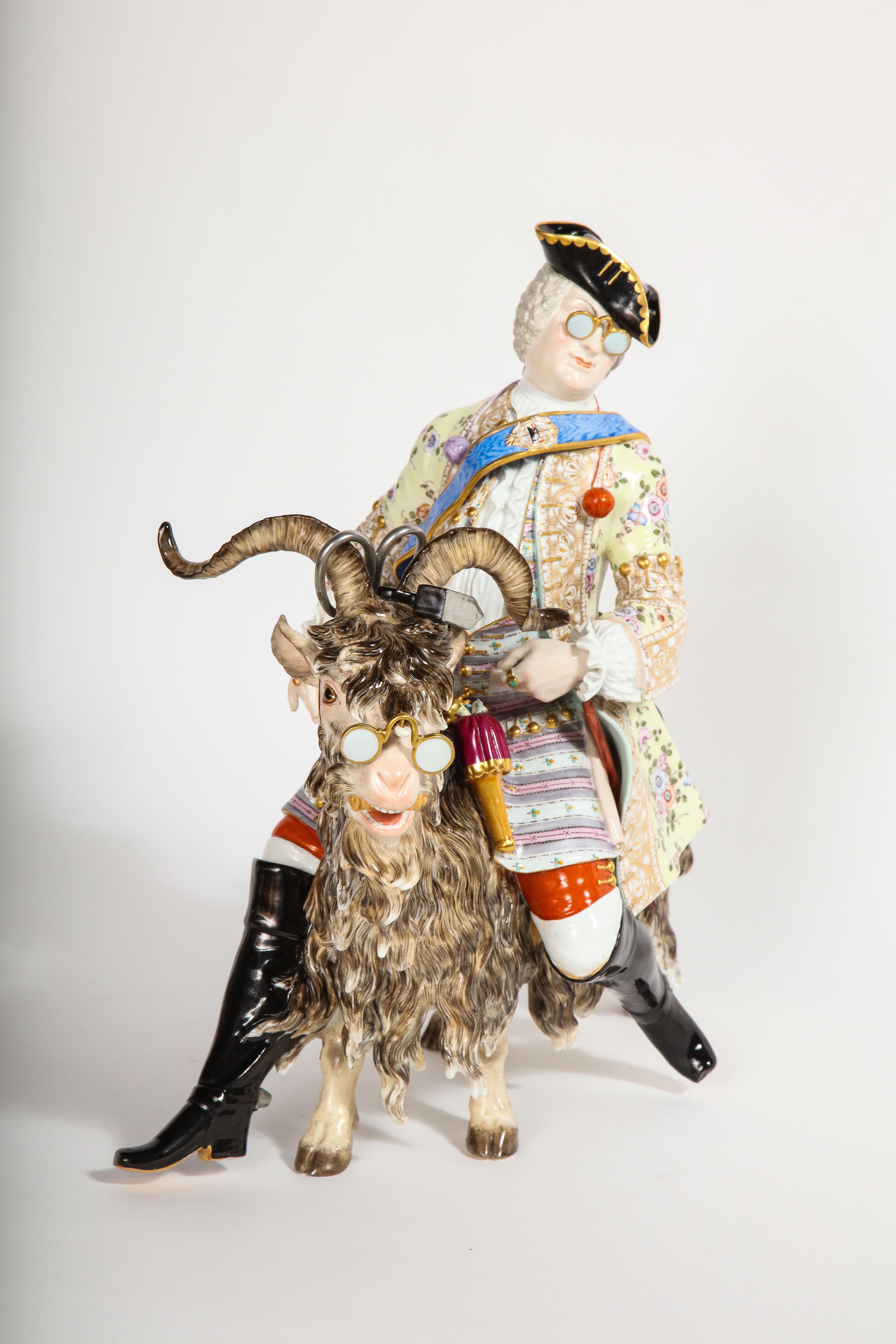 Meissen's “Count Brühl’s Tailor on a Goat,” is considered by many professionals as one of Meissen's greatest works. This marvelous figure is after the incredible Meissen designer Johann-Joachim Kaendler (Kändler), the most famous sculptor at the