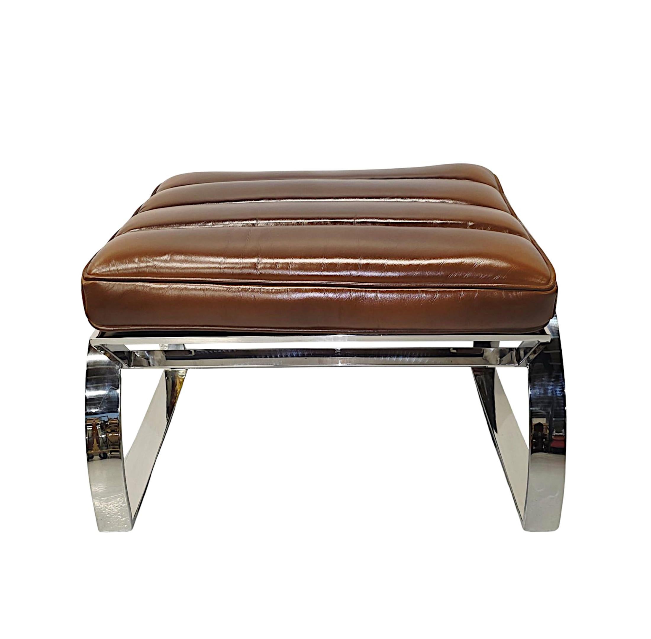 A fabulous Mid Century design leather and chrome stool of exceptional quality and beautifully upholstered in elegant brown leather with innovative horizontal stitch detail and piped border.  Supported on a stunning pierced chrome base with