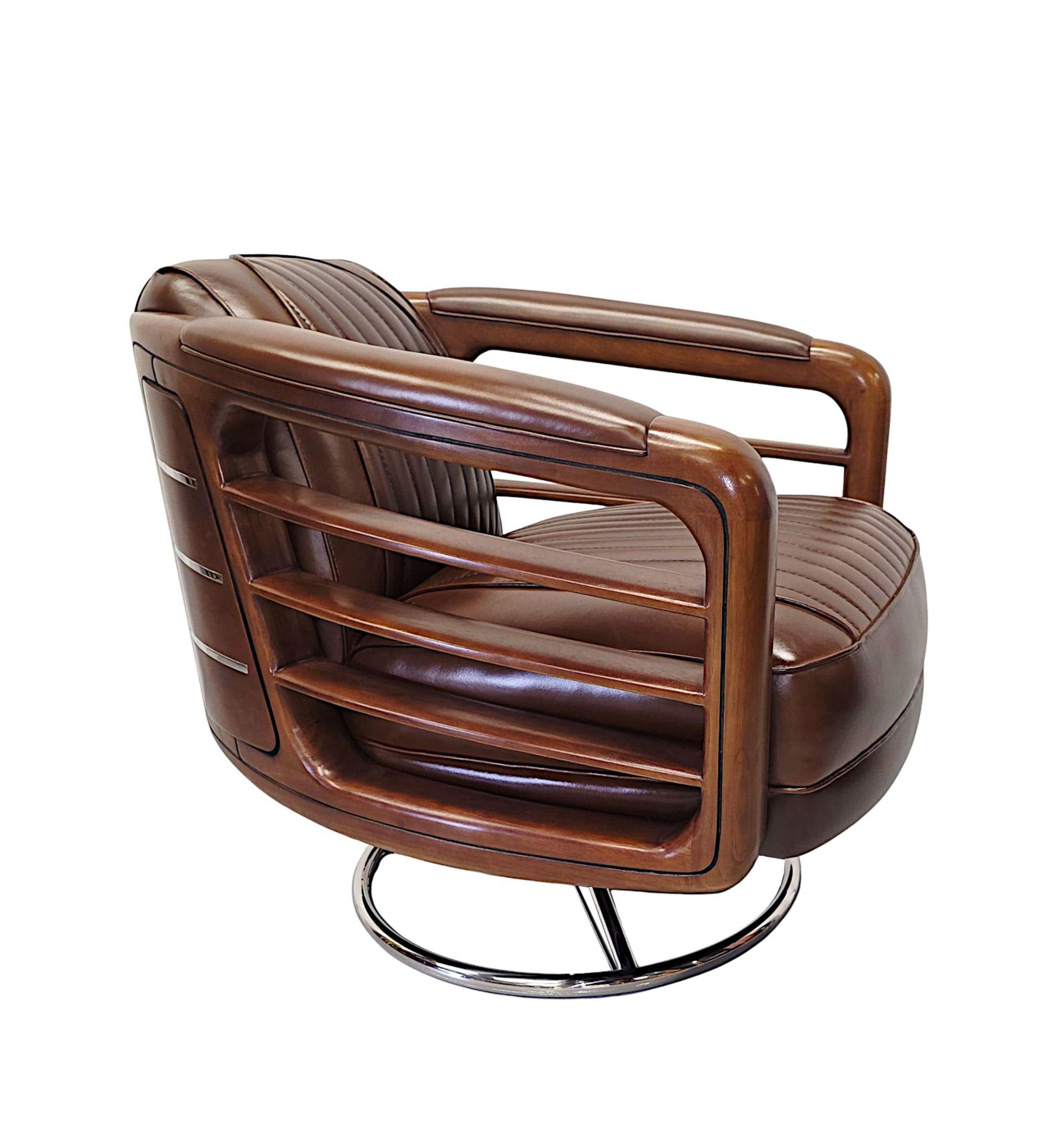 A fabulous Art Deco design finely carved and richly patinated walnut, leather and chrome revolving armchair of exceptional quality.  This gorgeous piece is stunningly upholstered in elegant brown leather with innovative horizontal stitch detail and