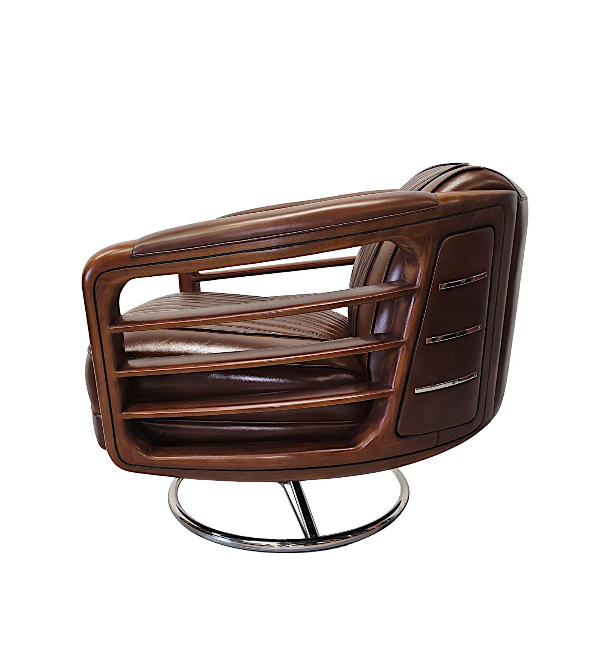 Art Deco A Fabulous Mid Century Design Handmade Walnut and Chrome Revolving Armchair For Sale
