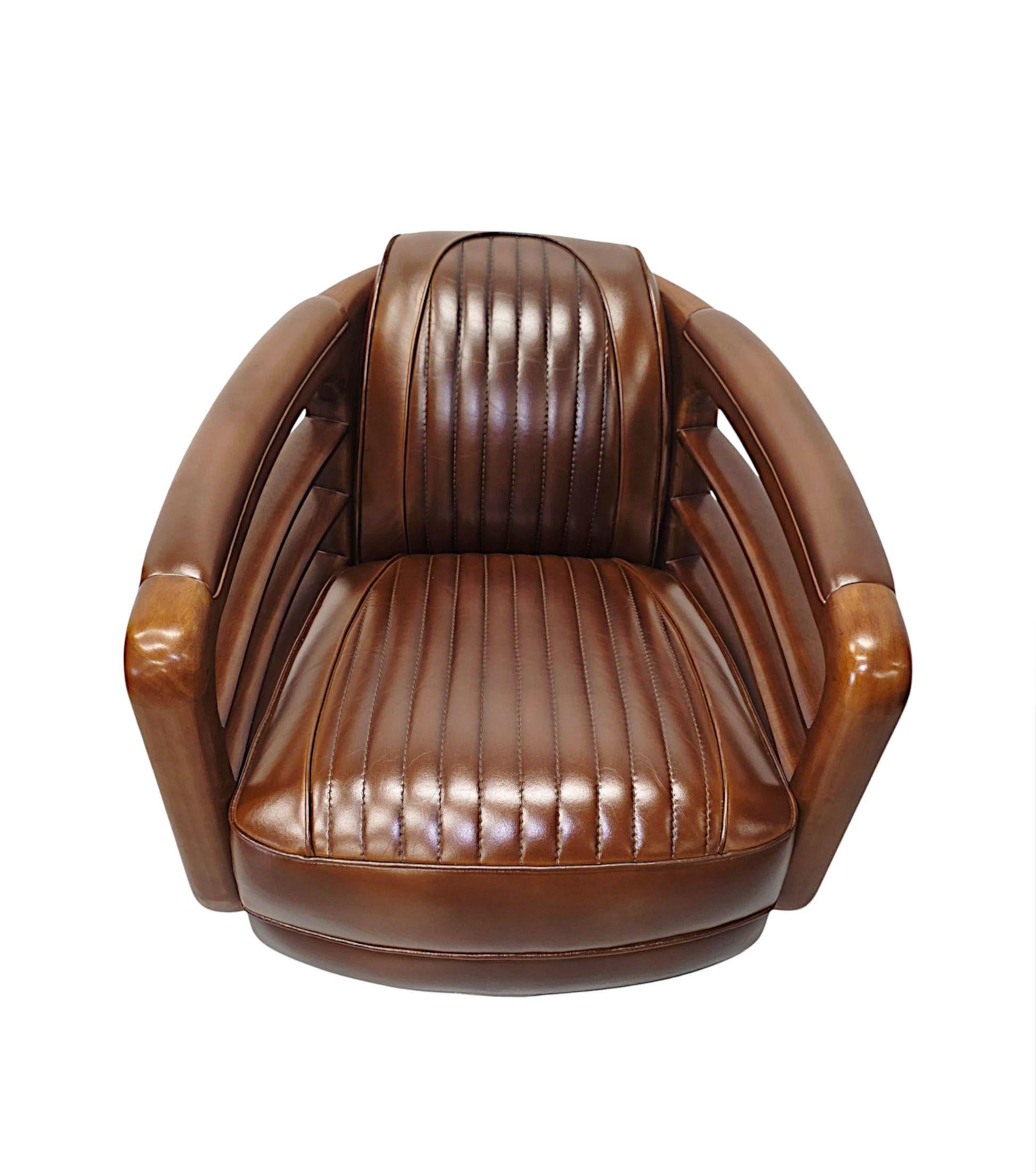 French A Fabulous Mid Century Design Handmade Walnut and Chrome Revolving Armchair For Sale