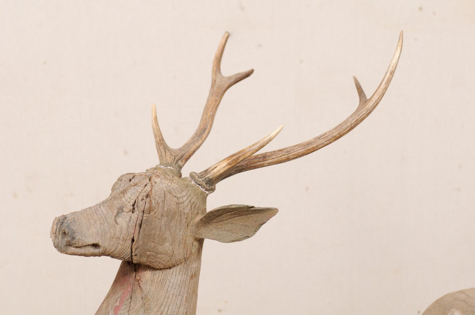 Fabulous Pair of 19th C. British Colonial Hand Carved Wood Deer with Antlers 2