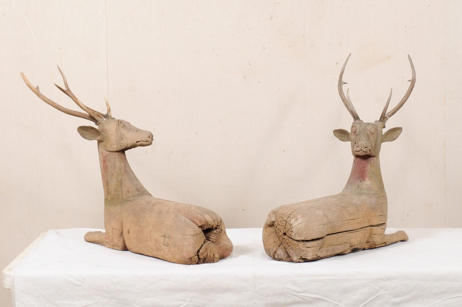 Indian Fabulous Pair of 19th C. British Colonial Hand Carved Wood Deer with Antlers