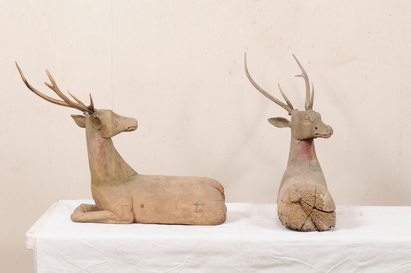 Fabulous Pair of 19th C. British Colonial Hand Carved Wood Deer with Antlers In Good Condition In Atlanta, GA