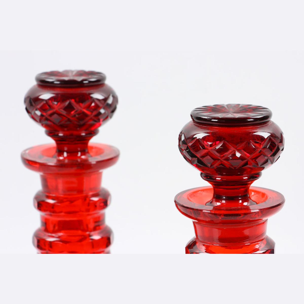 Fabulous Pair of Bohemian Cut Glass Ruby Decanters In Good Condition In New York, NY