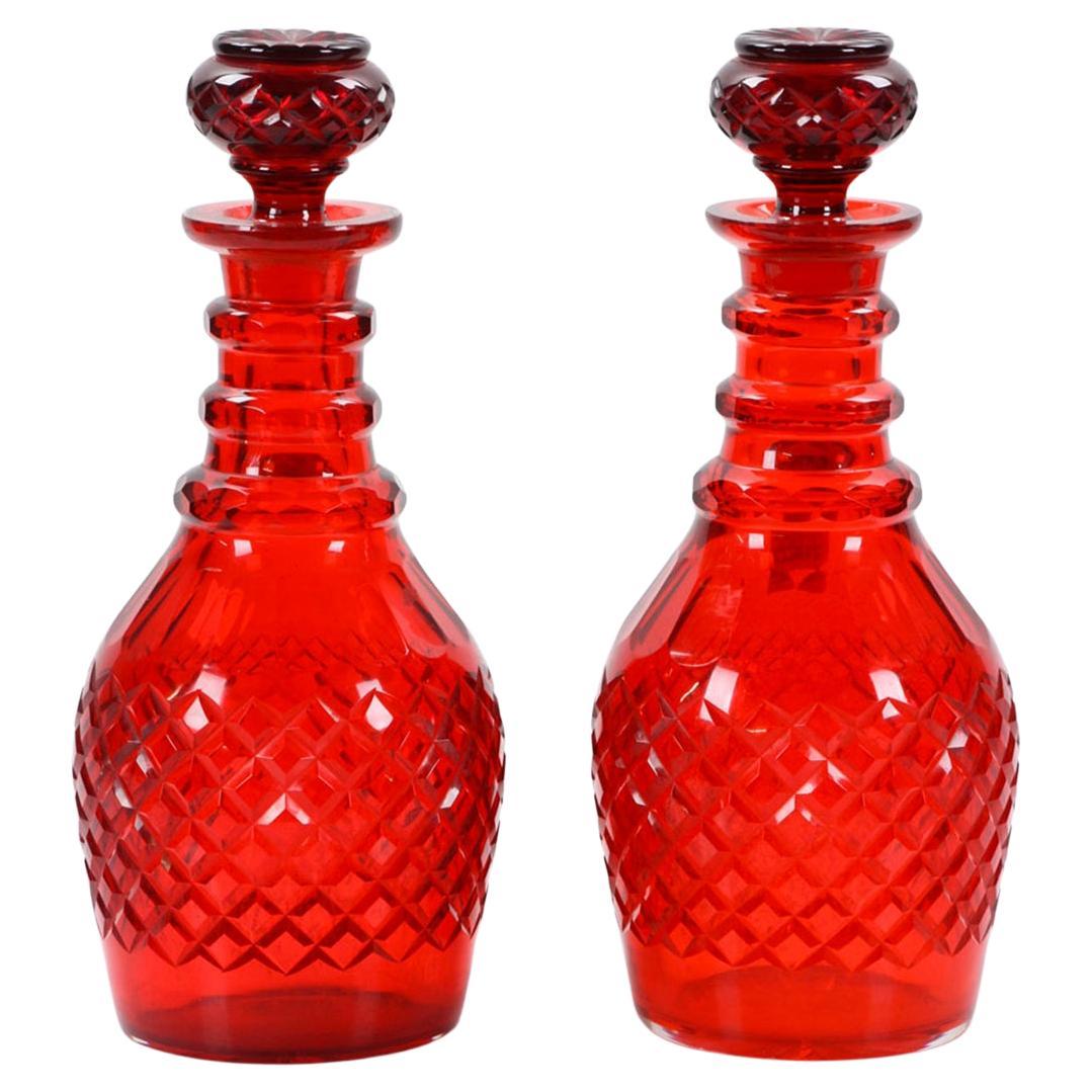 Fabulous Pair of Bohemian Cut Glass Ruby Decanters